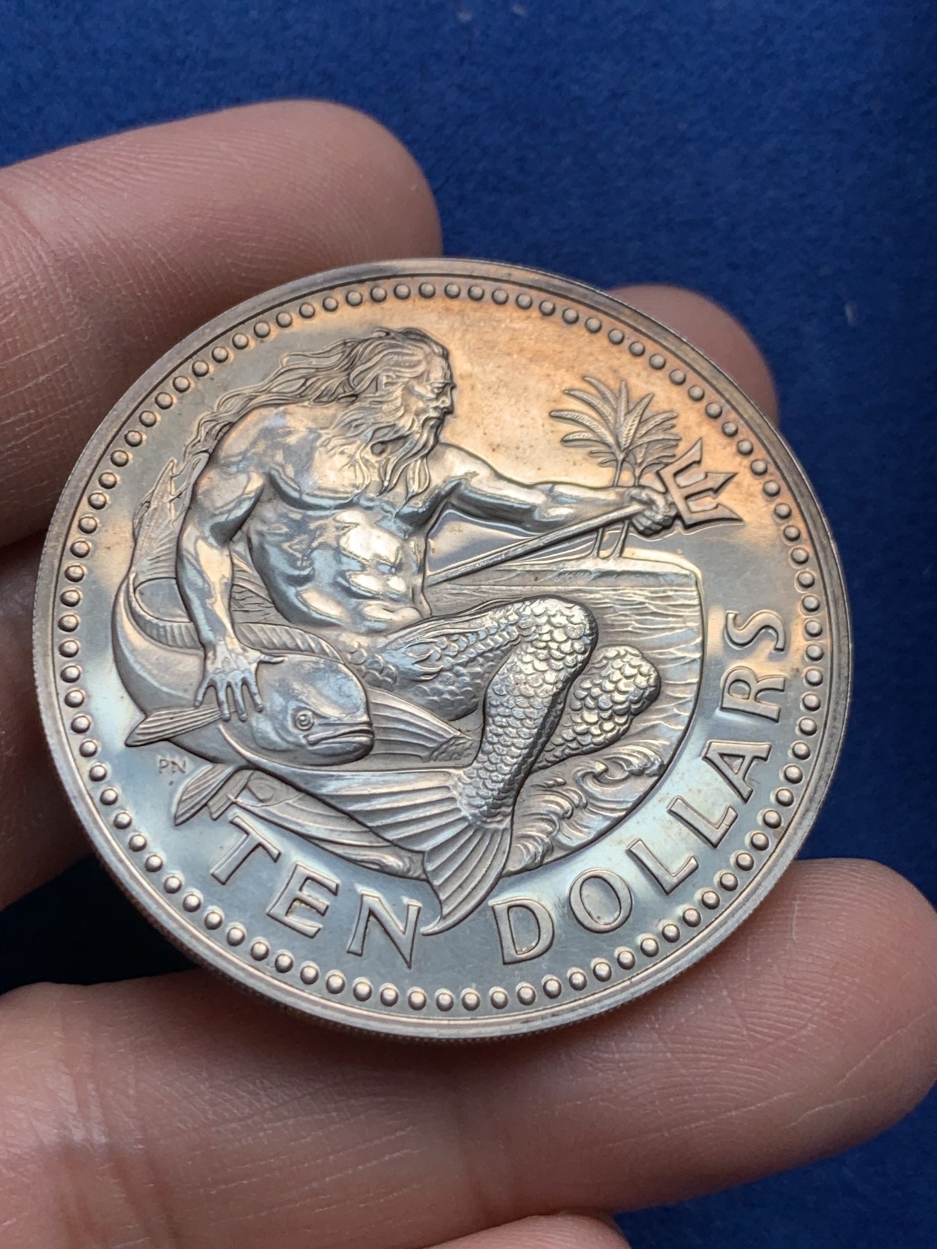 《竞宝斋》第259场-周日，周一 2场连拍 (全场包邮) 巴巴多斯1975年10元海王精制大银币 37.6克 925银