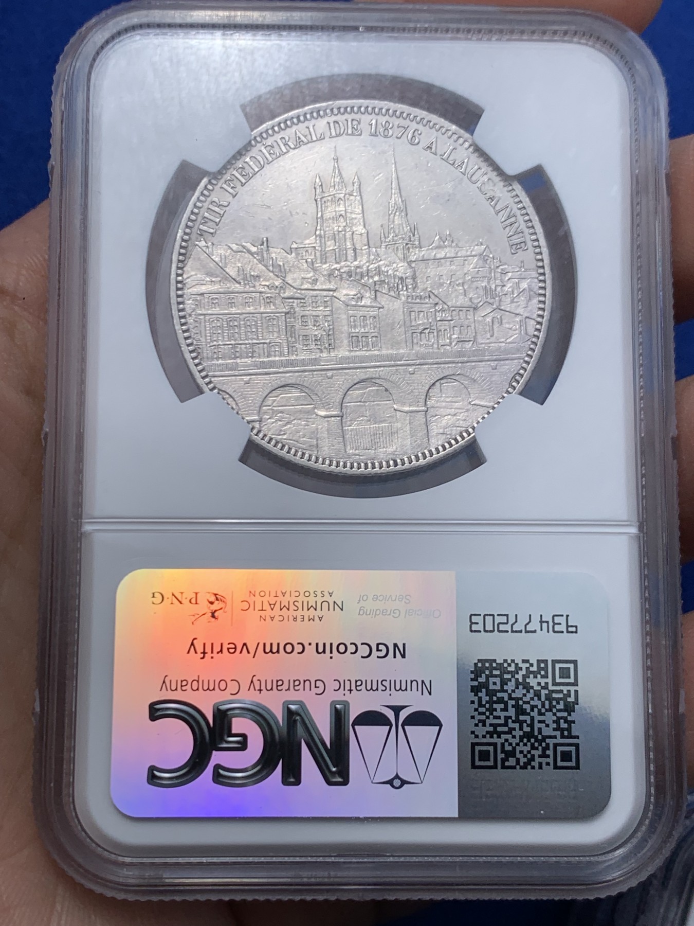 《竞宝斋》第259场-周日，周一 2场连拍 (全场包邮) NGC UNCD 瑞士1876年洛桑景观5法郎银币 底板白净 细节漂亮 发行仅二万枚