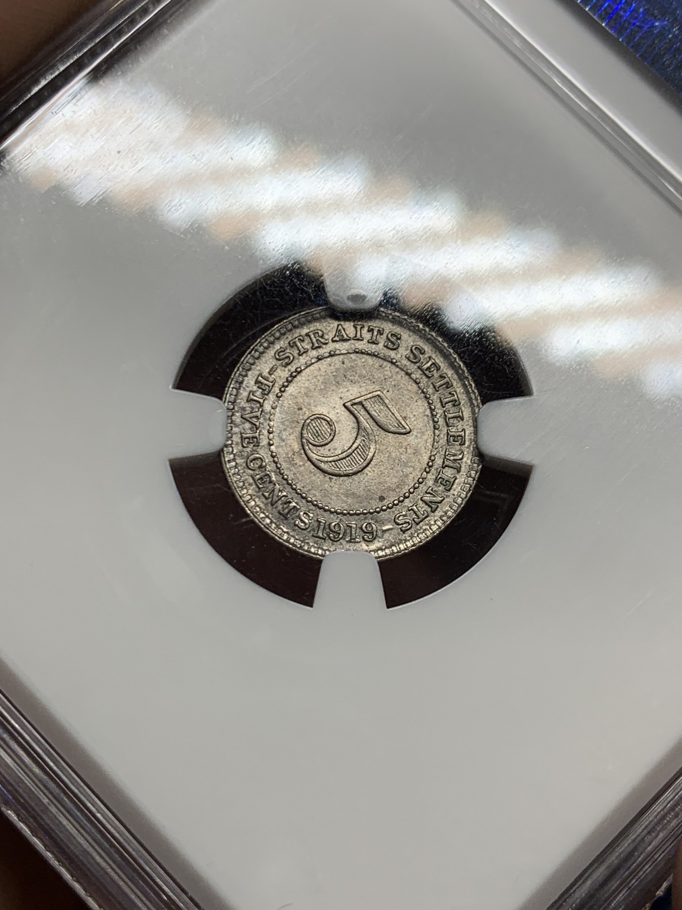 《竞宝斋》第259场-周日，周一 2场连拍 (全场包邮) NGC MS63 海峡殖民地1919年5分银币