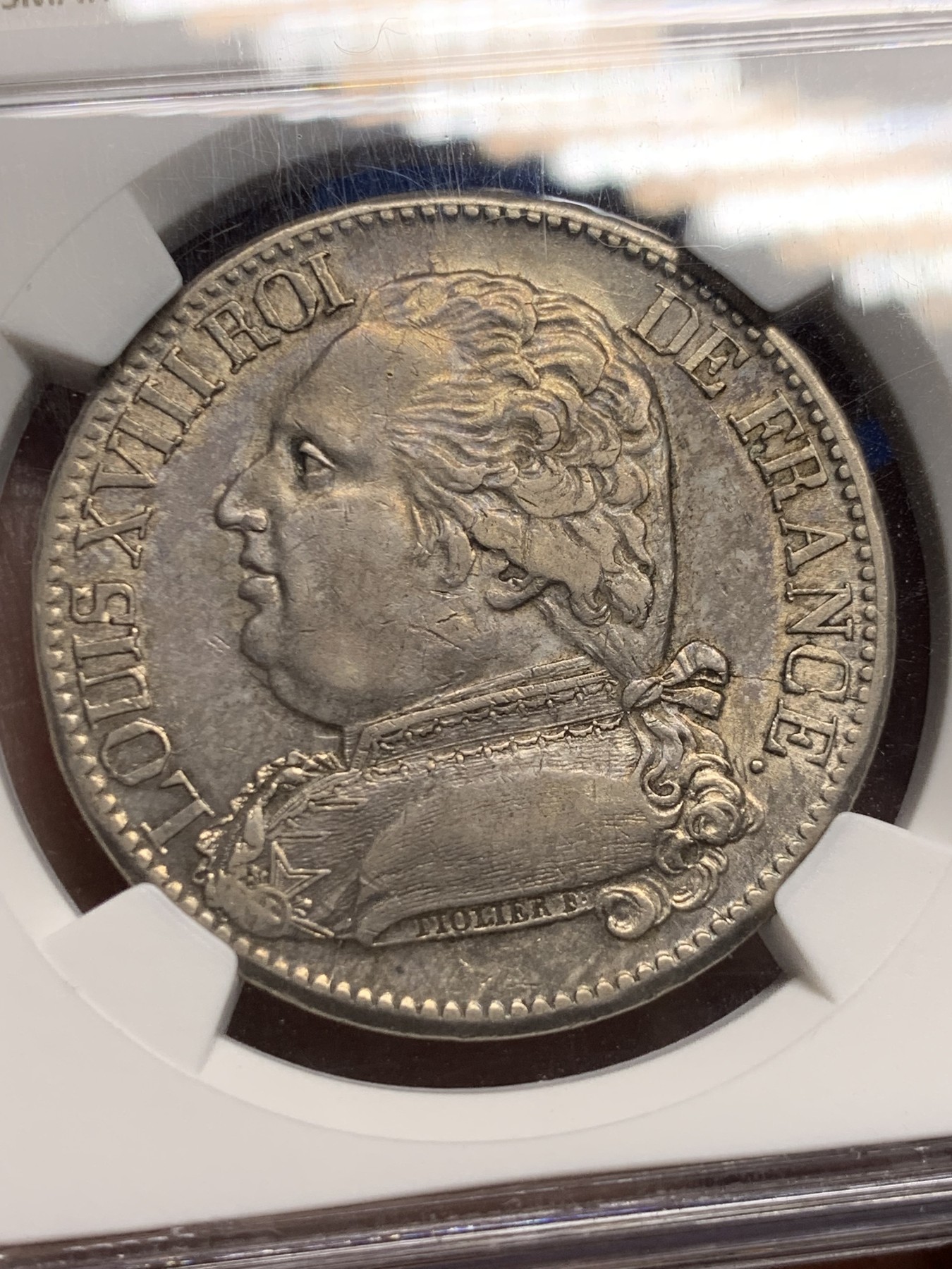 《竞宝斋》第259场-周日，周一 2场连拍 (全场包邮) NGC AU55 法国1814Q路易十八戎装版5法郎大银，稀见Q厂关门年份，铸造量仅36万枚，远少于同年A、I、L各厂。更高分仅4枚，AU以上错过难觅