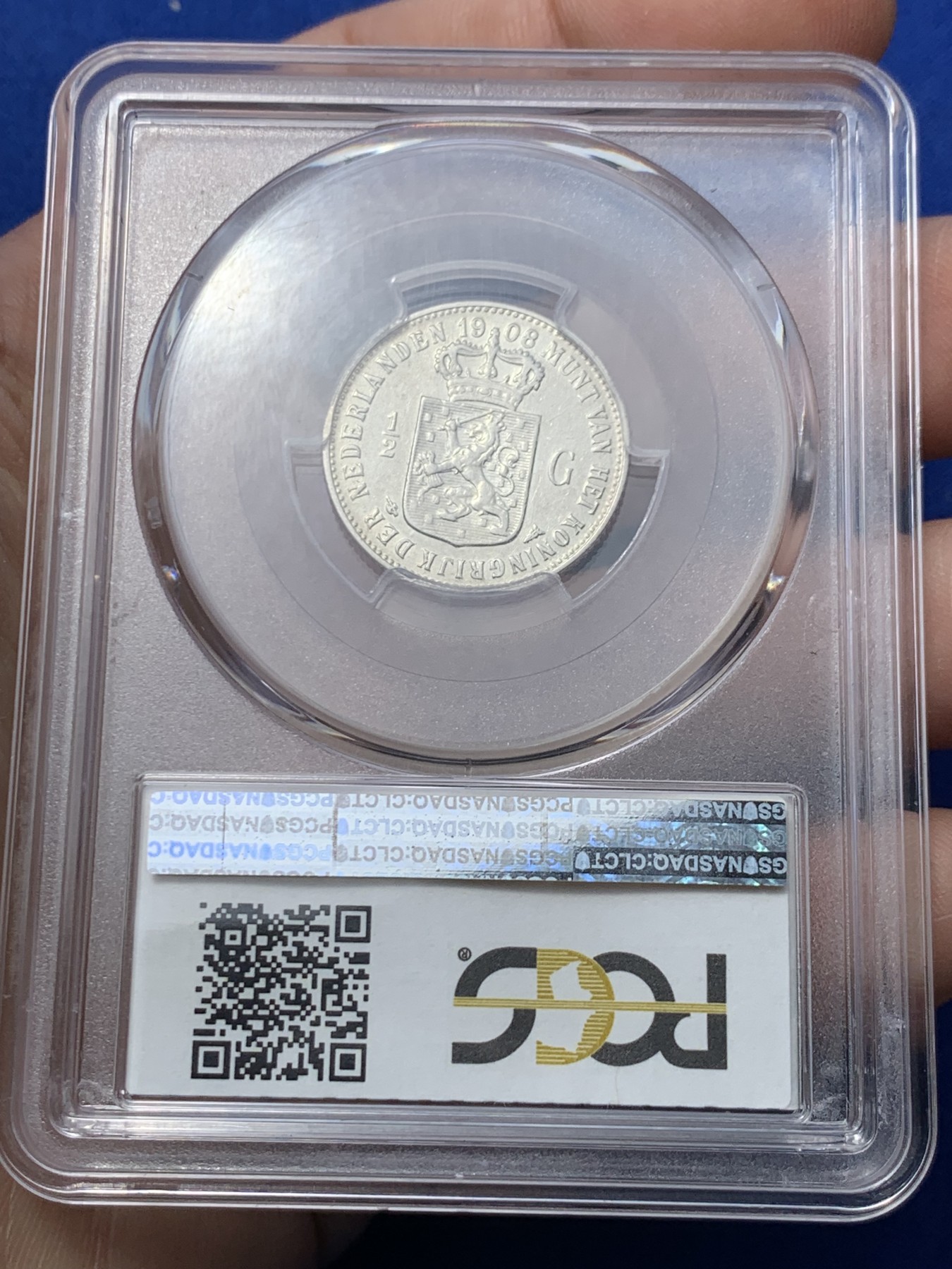 《竞宝斋》第259场-周日，周一 2场连拍 (全场包邮) PCGS AU55 荷兰威廉敏娜女王1908年半盾银币，经典皇冠萝莉头像。此版半盾流通充分，好品少见，上au出分不易