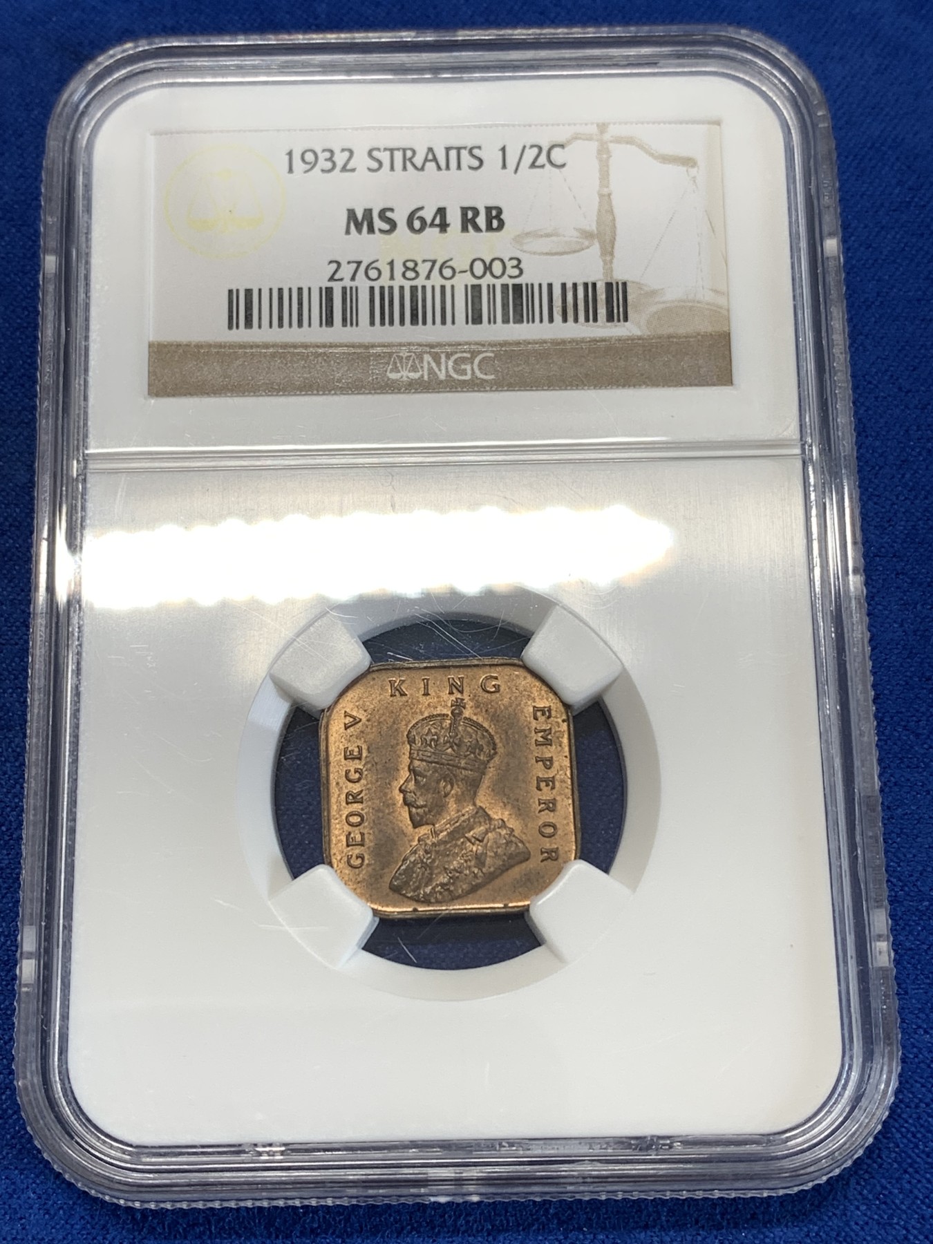 《竞宝斋》第259场-周日，周一 2场连拍 (全场包邮) NGC MS64RB 海峡殖民地1932年1/2分铜币