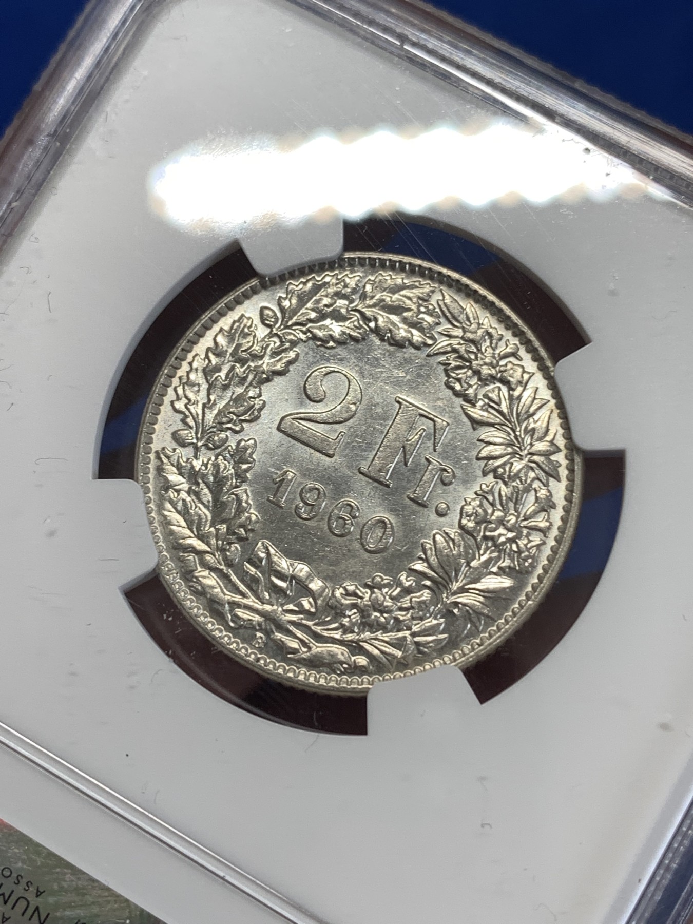 《竞宝斋》第259场-周日，周一 2场连拍 (全场包邮) NGC MS62 瑞士 1960年 赫尔维蒂亚 雪山女神2法郎银币