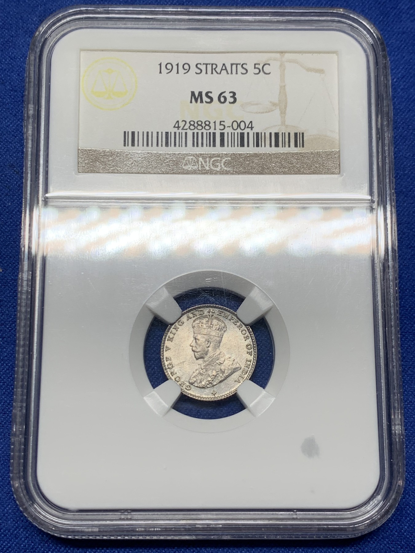 《竞宝斋》第259场-周日，周一 2场连拍 (全场包邮) NGC MS63 海峡殖民地1919年5分银币