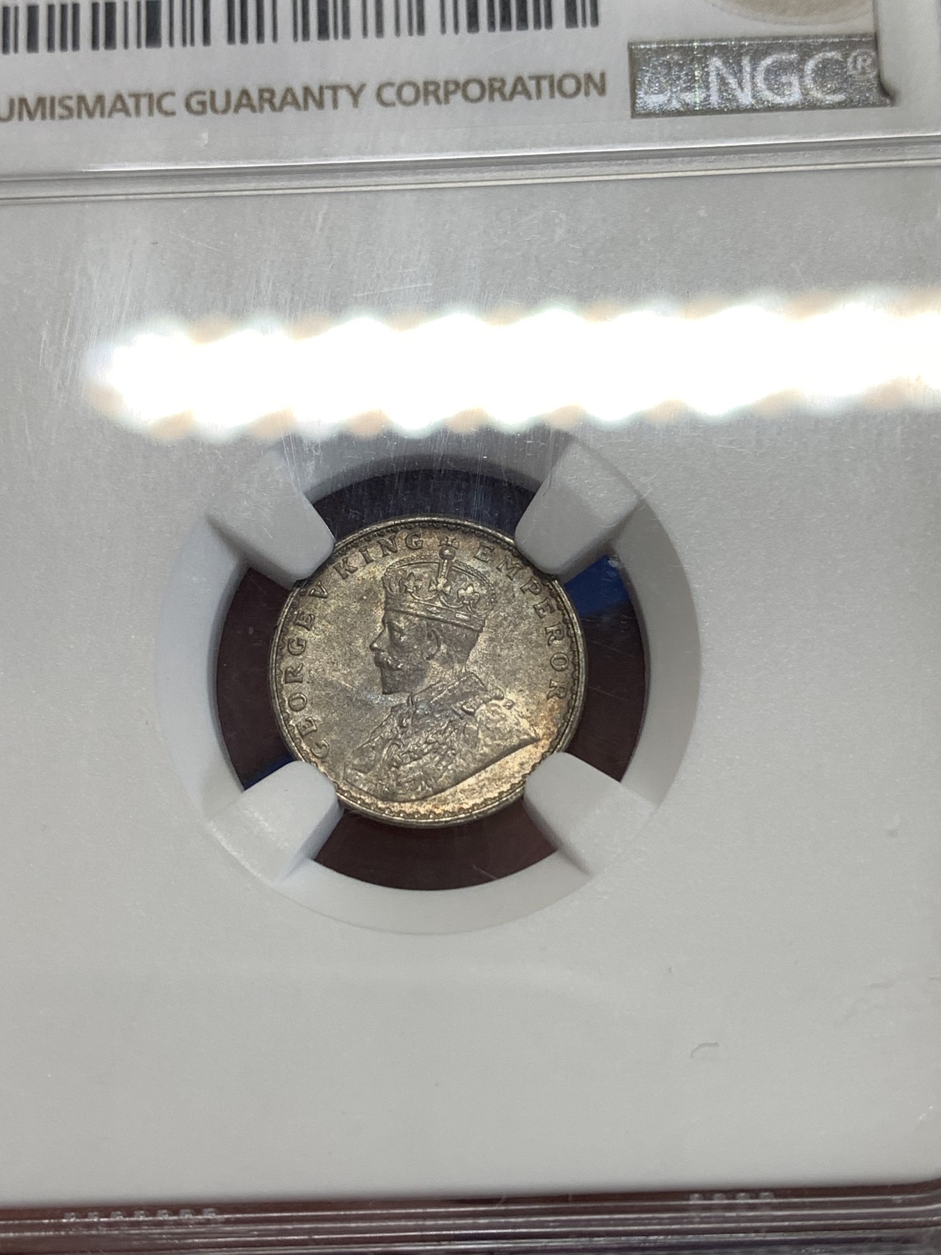 《竞宝斋》第259场-周日，周一 2场连拍 (全场包邮) NGC MS63 英属印度 1917年 乔治五世 2安娜 银币 淡五彩