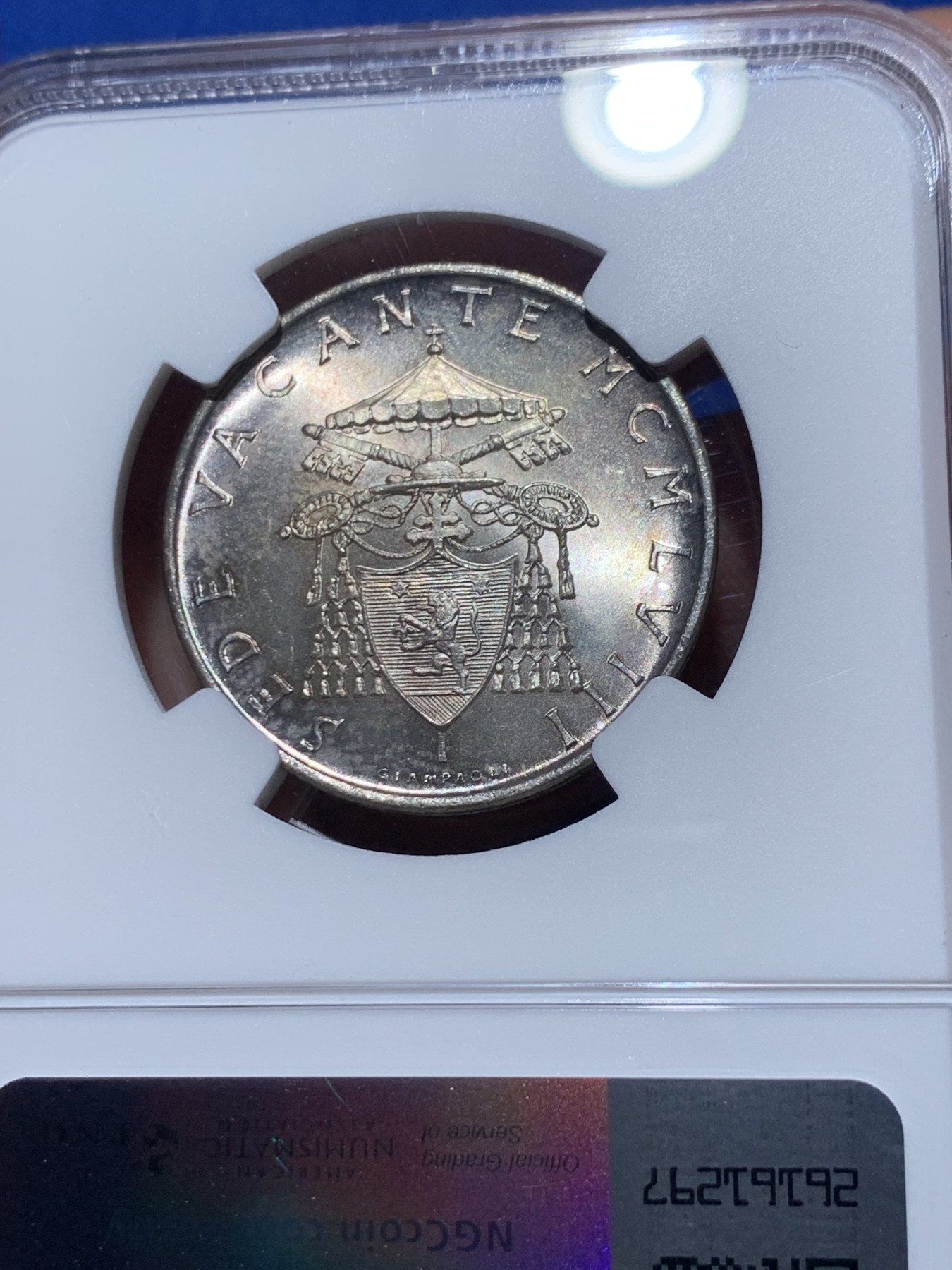 《竞宝斋》第259场-周日，周一 2场连拍 (全场包邮) NGC MS63 梵蒂冈1958年教皇缺位500里拉银币