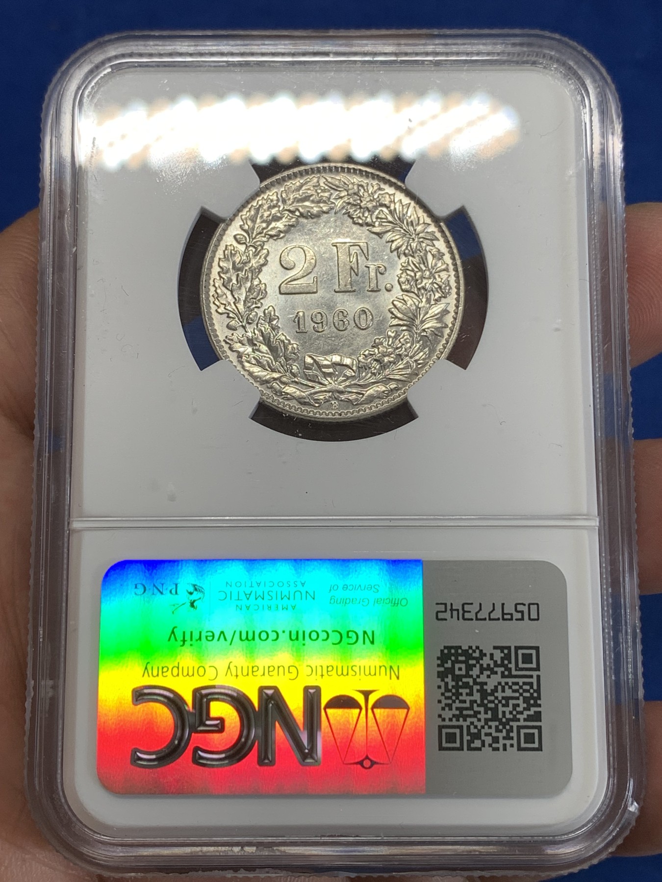 《竞宝斋》第259场-周日，周一 2场连拍 (全场包邮) NGC MS62 瑞士 1960年 赫尔维蒂亚 雪山女神2法郎银币