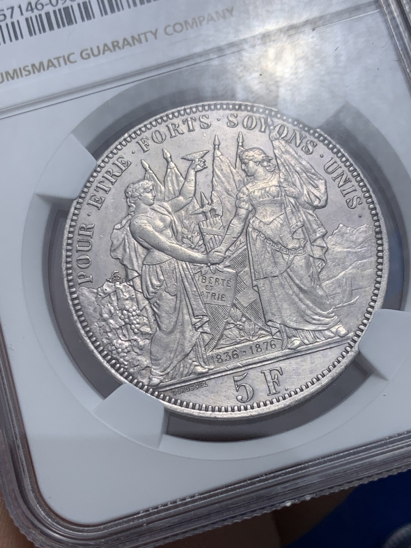 《竞宝斋》第259场-周日，周一 2场连拍 (全场包邮) NGC UNCD 瑞士1876年洛桑景观5法郎银币 底板白净 细节漂亮 发行仅二万枚