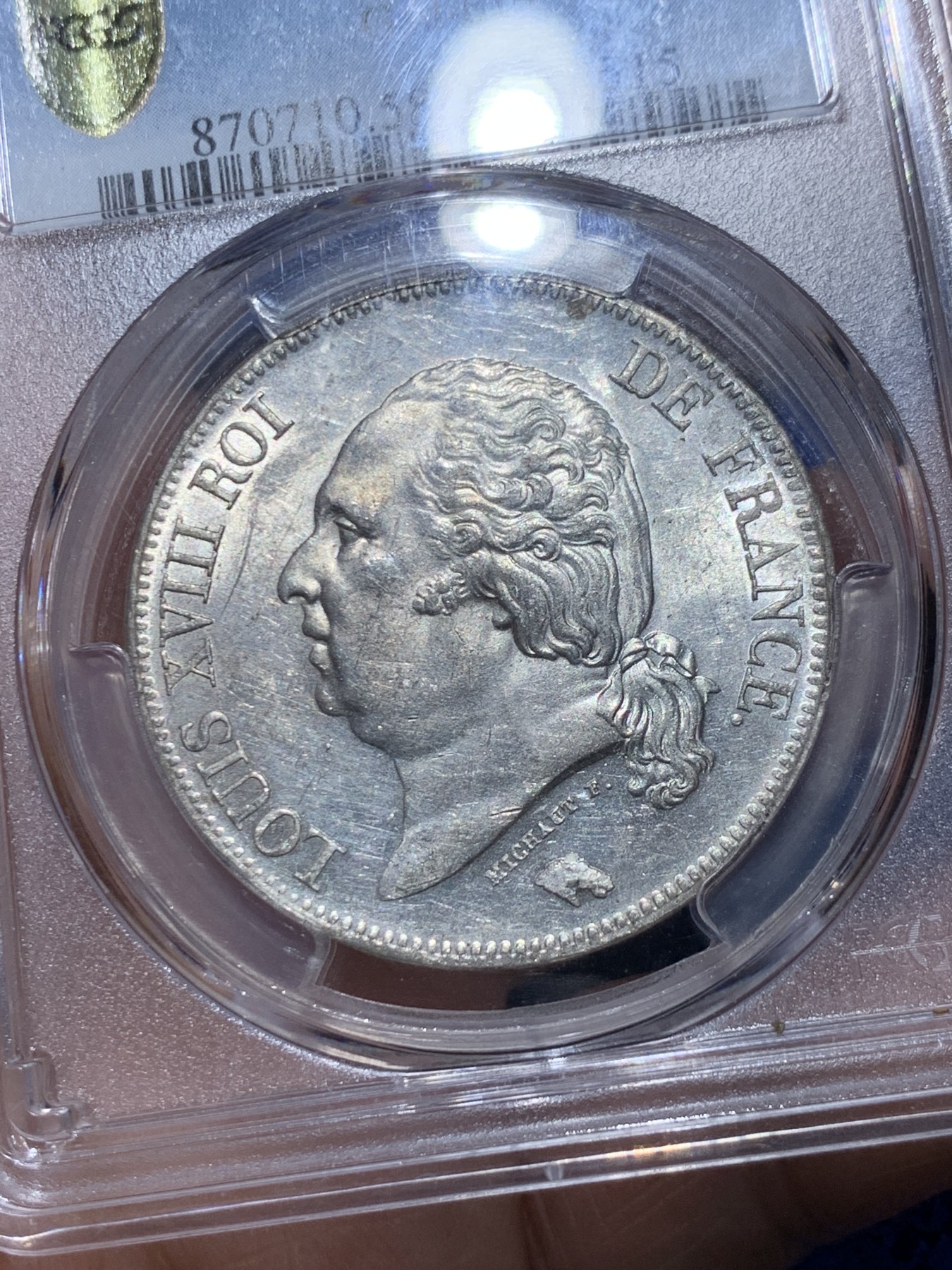 《竞宝斋》第259场-周日，周一 2场连拍 (全场包邮) PCGS AU58 法国1824年路易十八5法郎银币，马头。状态一流，底板镜面有霜，好品稀少 MS状态莫名58分