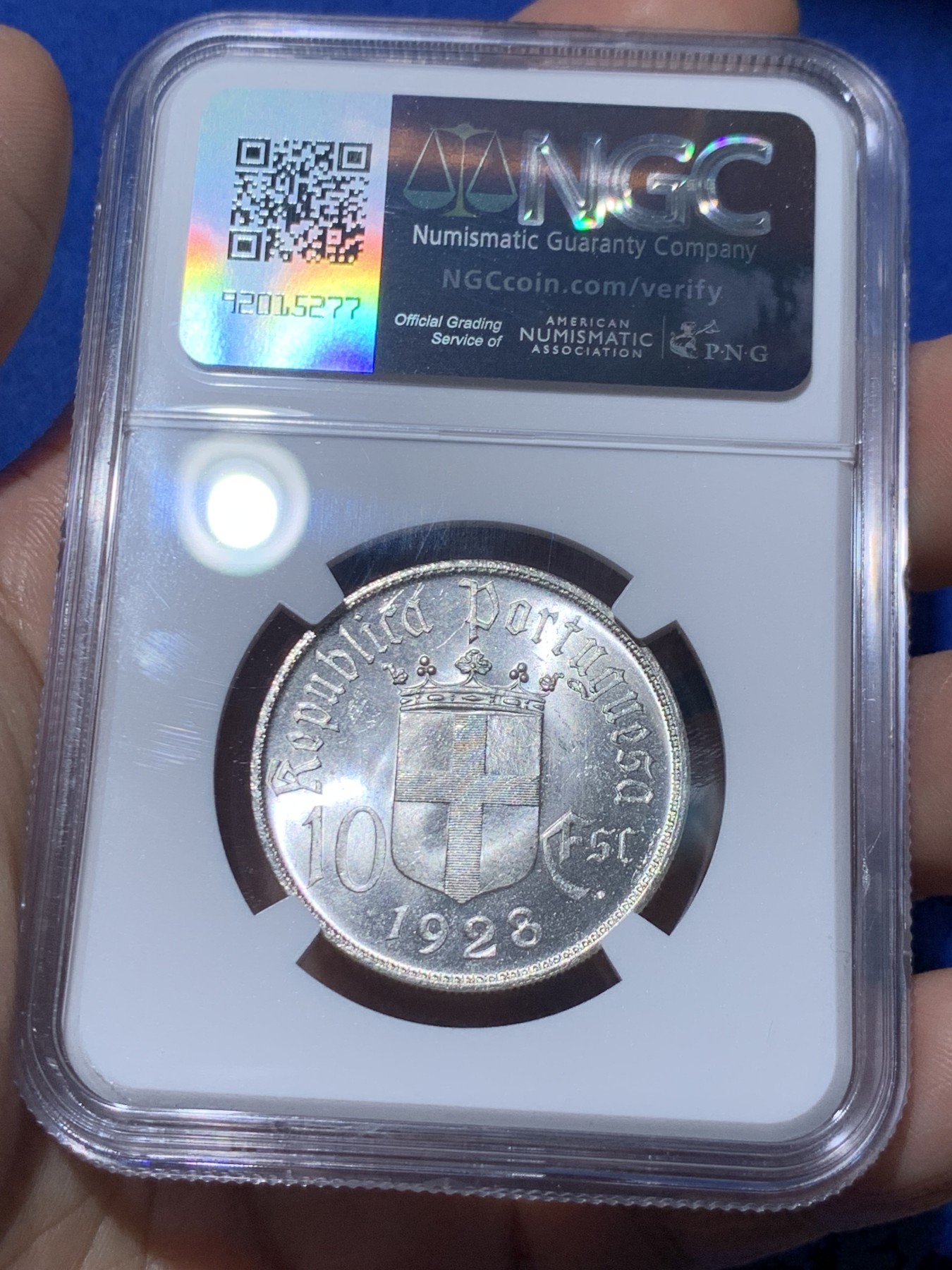 《竞宝斋》第259场-周日，周一 2场连拍 (全场包邮) NGC MS64 葡萄牙1928年奥里基战役10埃斯库多纪念银币，打制精美，状态极佳。