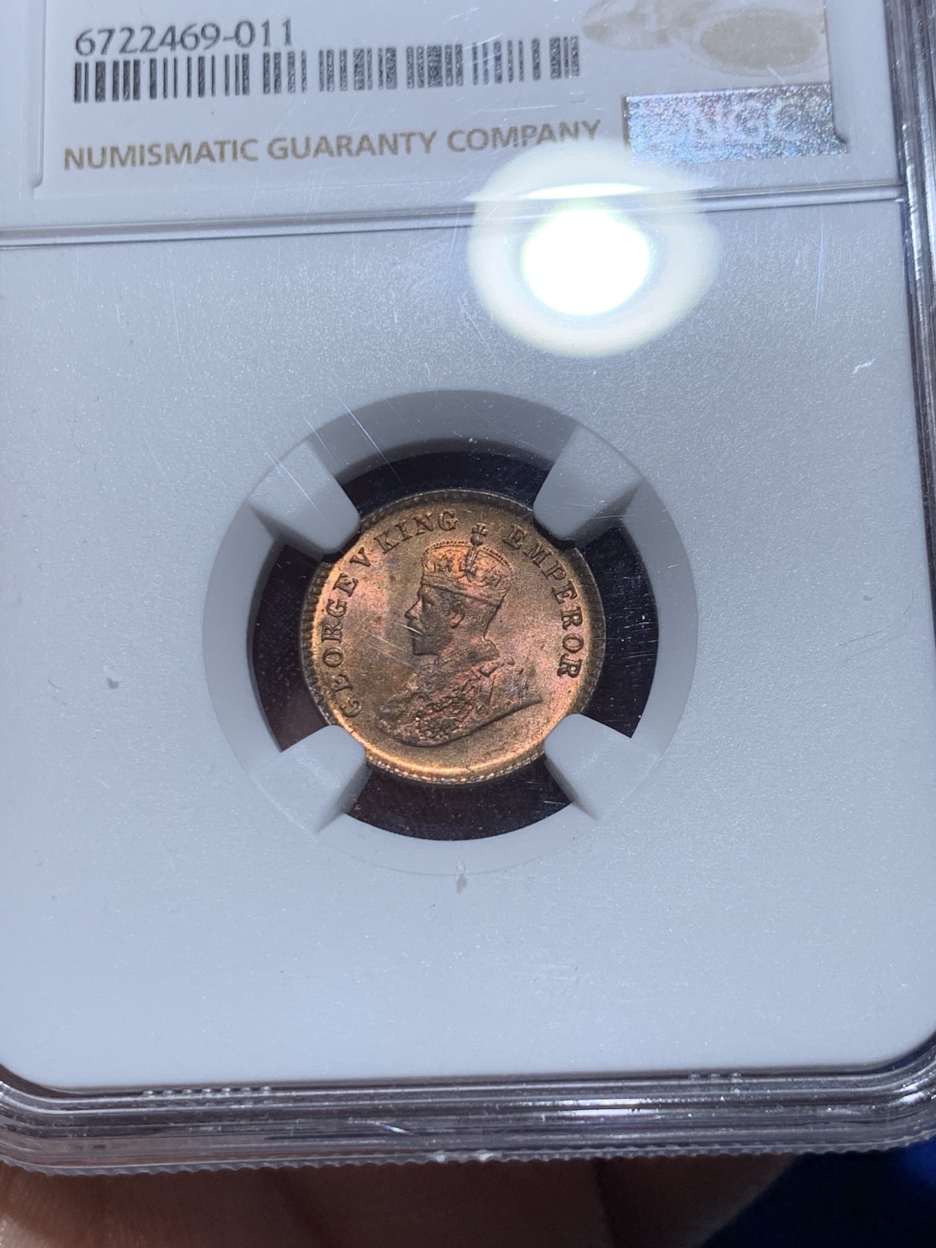 《竞宝斋》第259场-周日，周一 2场连拍 (全场包邮) NGC MS65RB 英属印度乔治五世1932年1/12安娜铜币