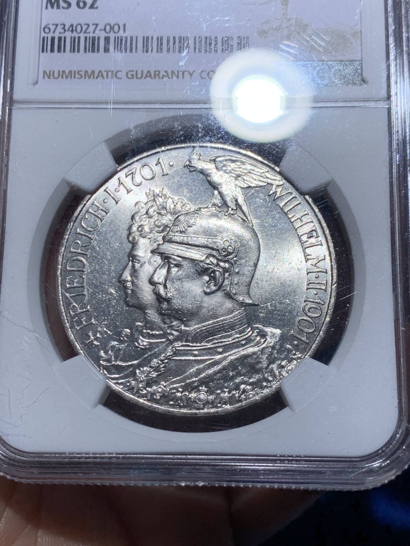 《竞宝斋》第259场-周日，周一 2场连拍 (全场包邮) NGC MS62 德国1901年普鲁士建国200周年5马克纪念银币 转光犀利 状态极佳