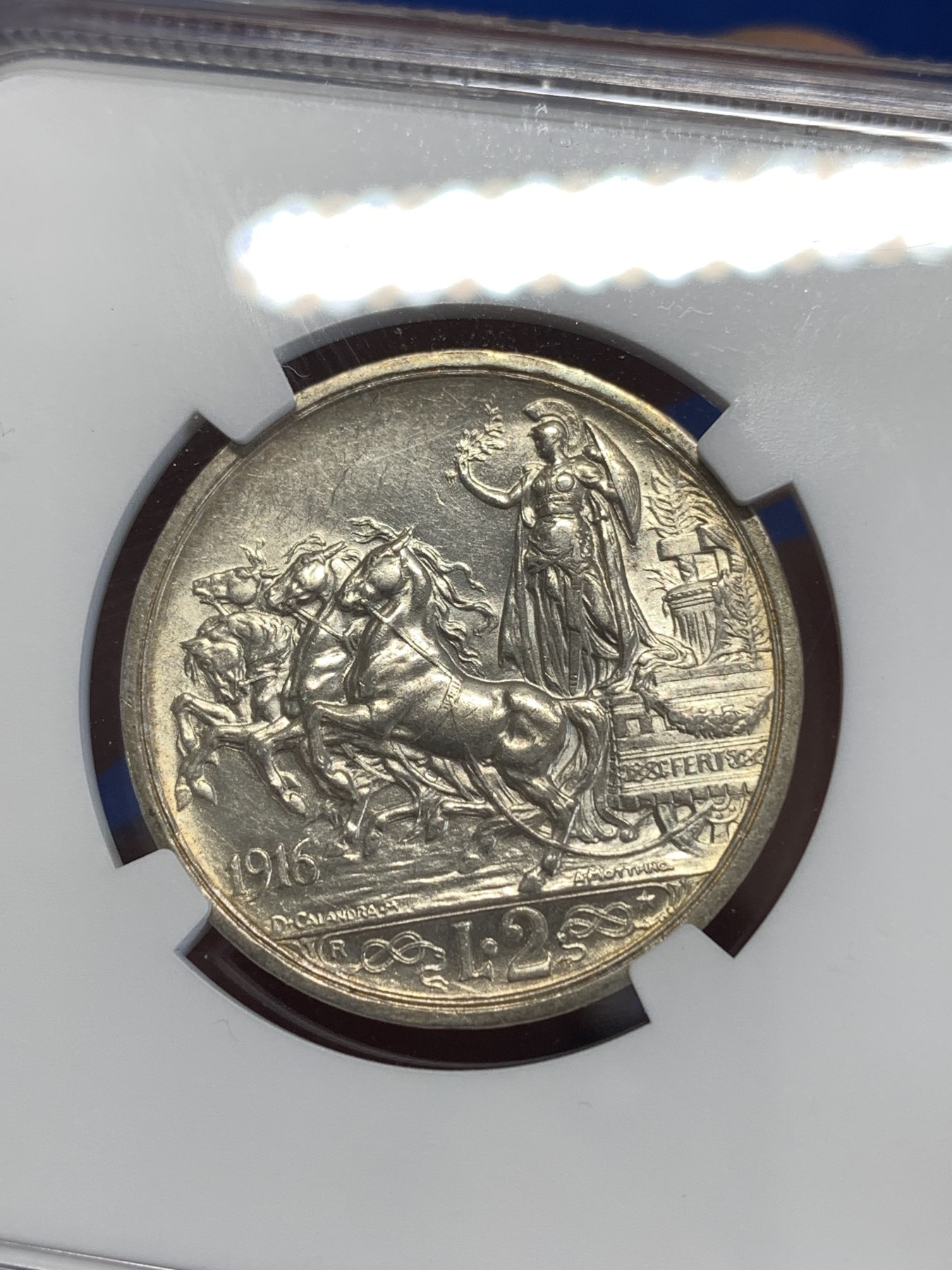 《竞宝斋》第259场-周日，周一 2场连拍 (全场包邮) NGC MS61 意大利1916年女神马车2里拉银币