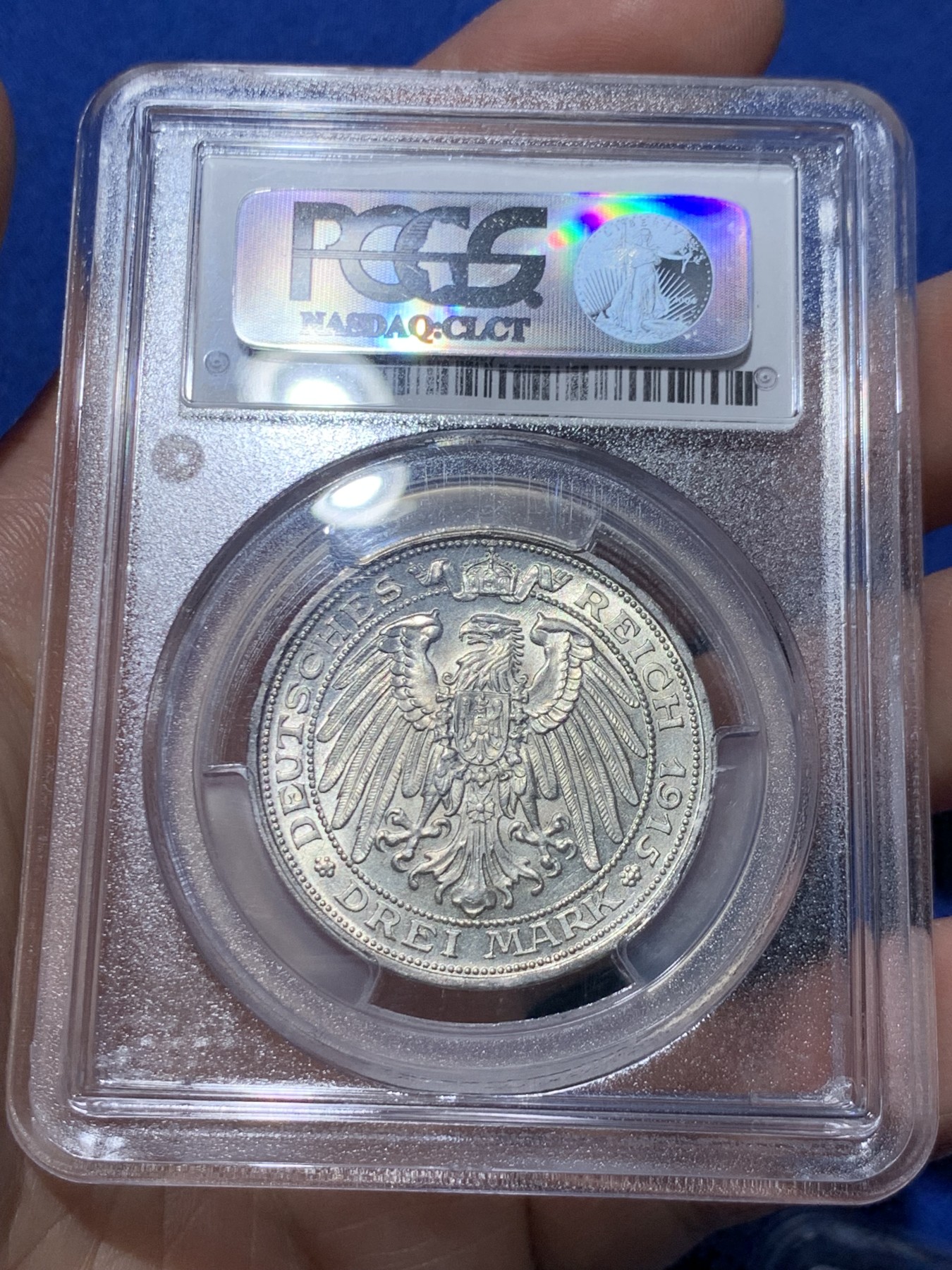 《竞宝斋》第259场-周日，周一 2场连拍 (全场包邮) PCGS MS66 1915年德国普鲁士曼斯菲尔德屠龙3马克银币 顶级品相状态