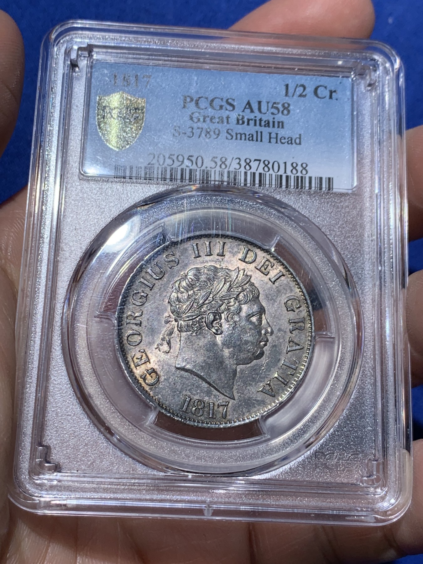 《竞宝斋》第259场-周日，周一 2场连拍 (全场包邮) PCGS AU58 英国 1817年 乔治三世 半克朗 小头版少 包浆舒服 味道一流