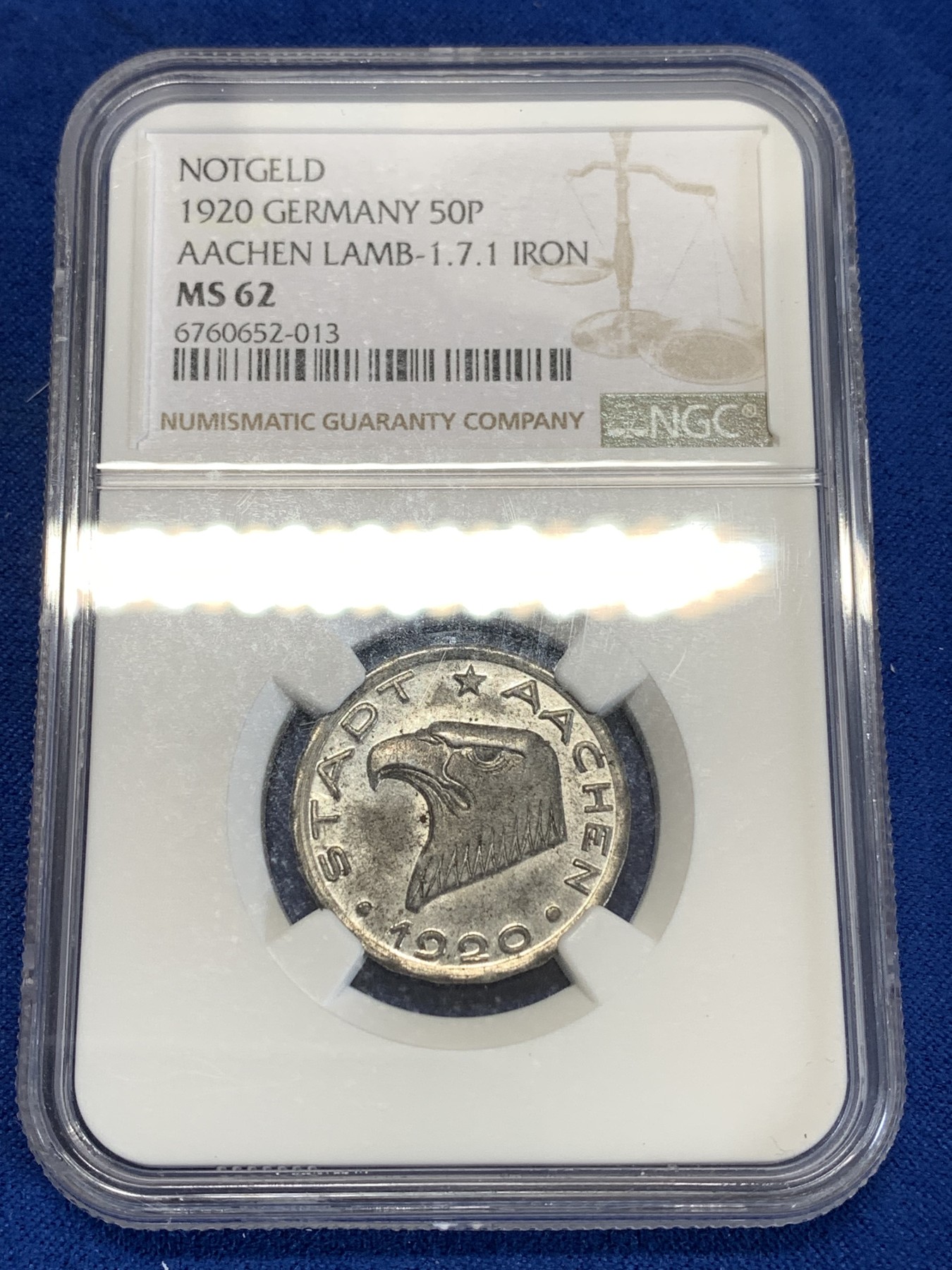 《竞宝斋》第259场-周日，周一 2场连拍 (全场包邮) NGC MS62 1920德国亚琛50芬妮鹰头铁币 热门品种