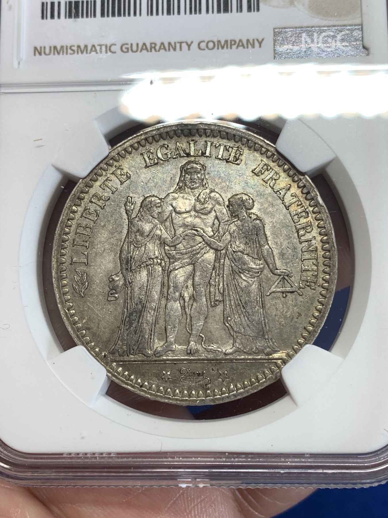 《竞宝斋》第259场-周日，周一 2场连拍 (全场包邮) NGC AU53 法国1873年A版大力神5法郎银币