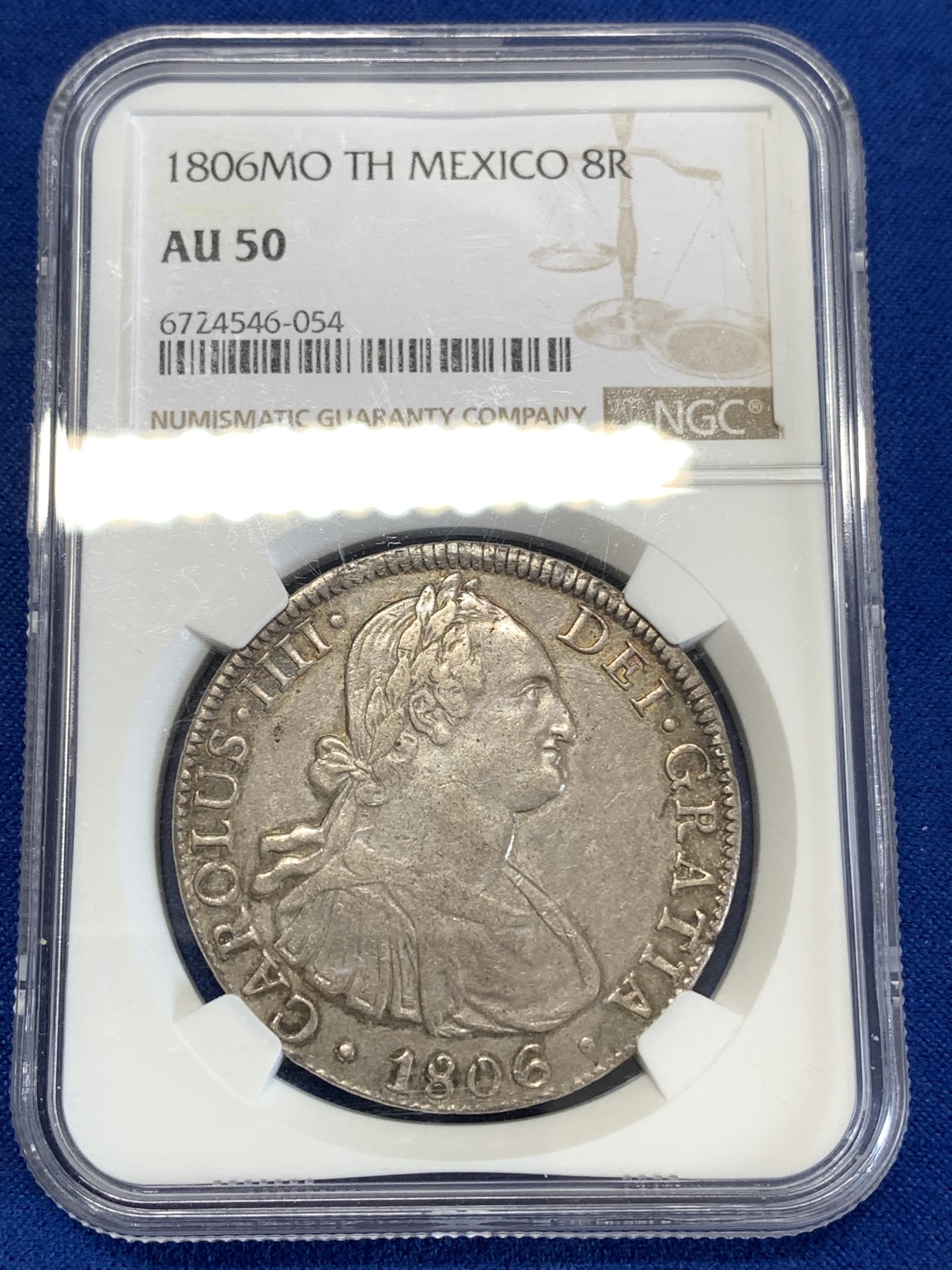 《竞宝斋》第259场-周日，周一 2场连拍 (全场包邮) NGC AU50 西属墨西哥1806卡洛斯四世双柱大银币