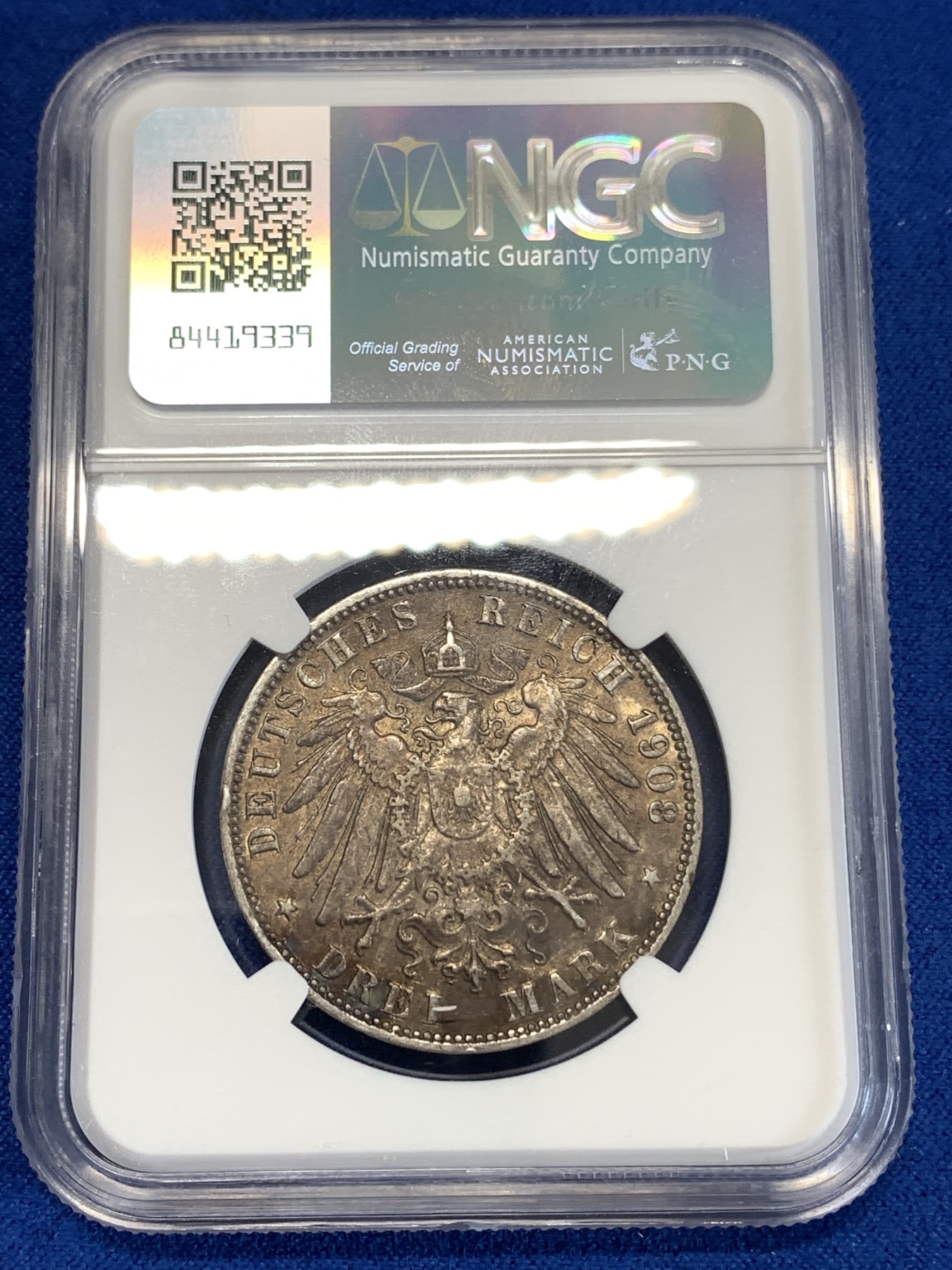 《竞宝斋》第259场-周日，周一 2场连拍 (全场包邮) NGC AU55 德国1908年汉堡双狮3马克银币 原味深包浆