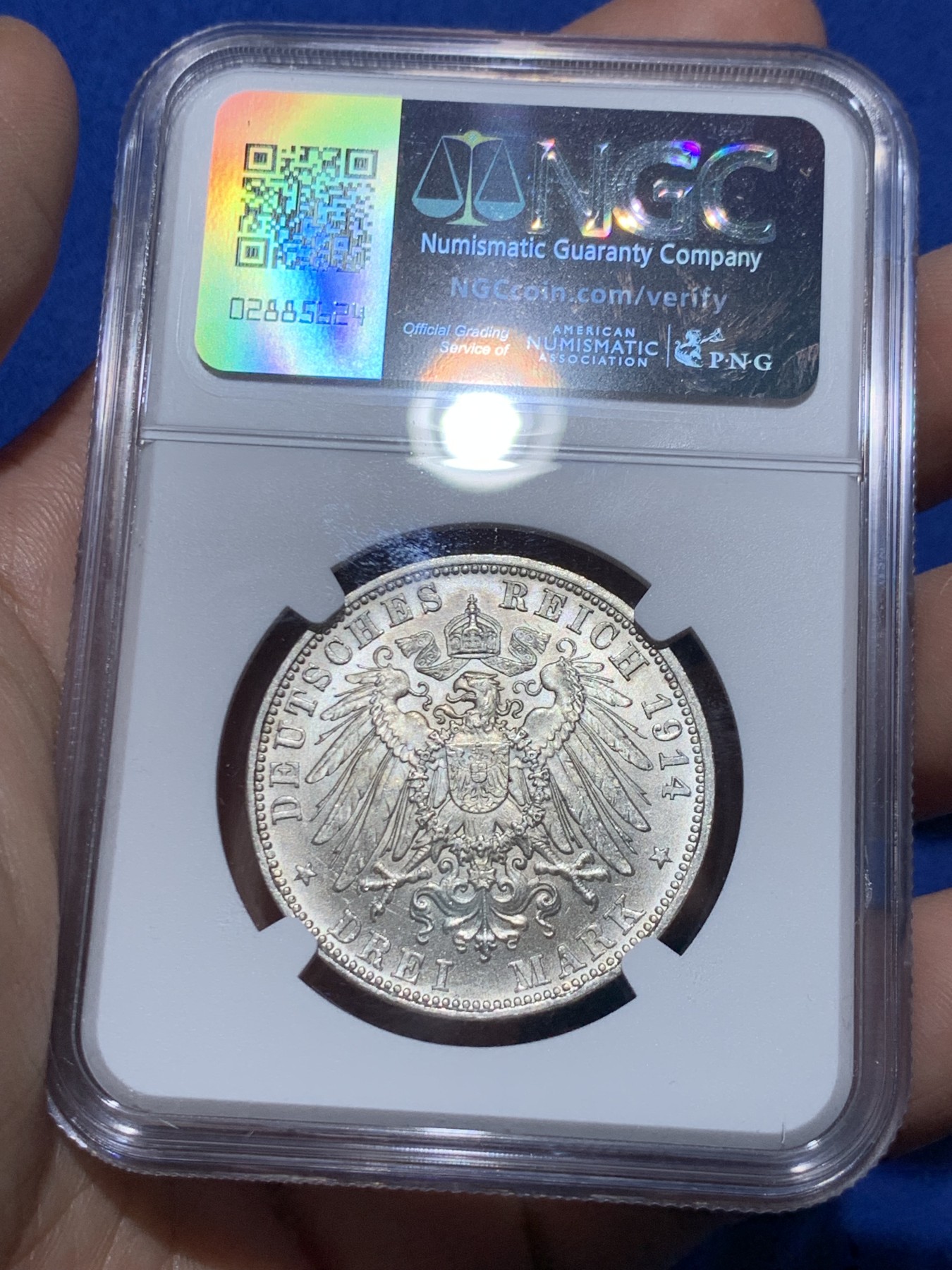 《竞宝斋》第259场-周日，周一 2场连拍 (全场包邮) NGC MS62 德国巴伐利亚1914年3马克银币