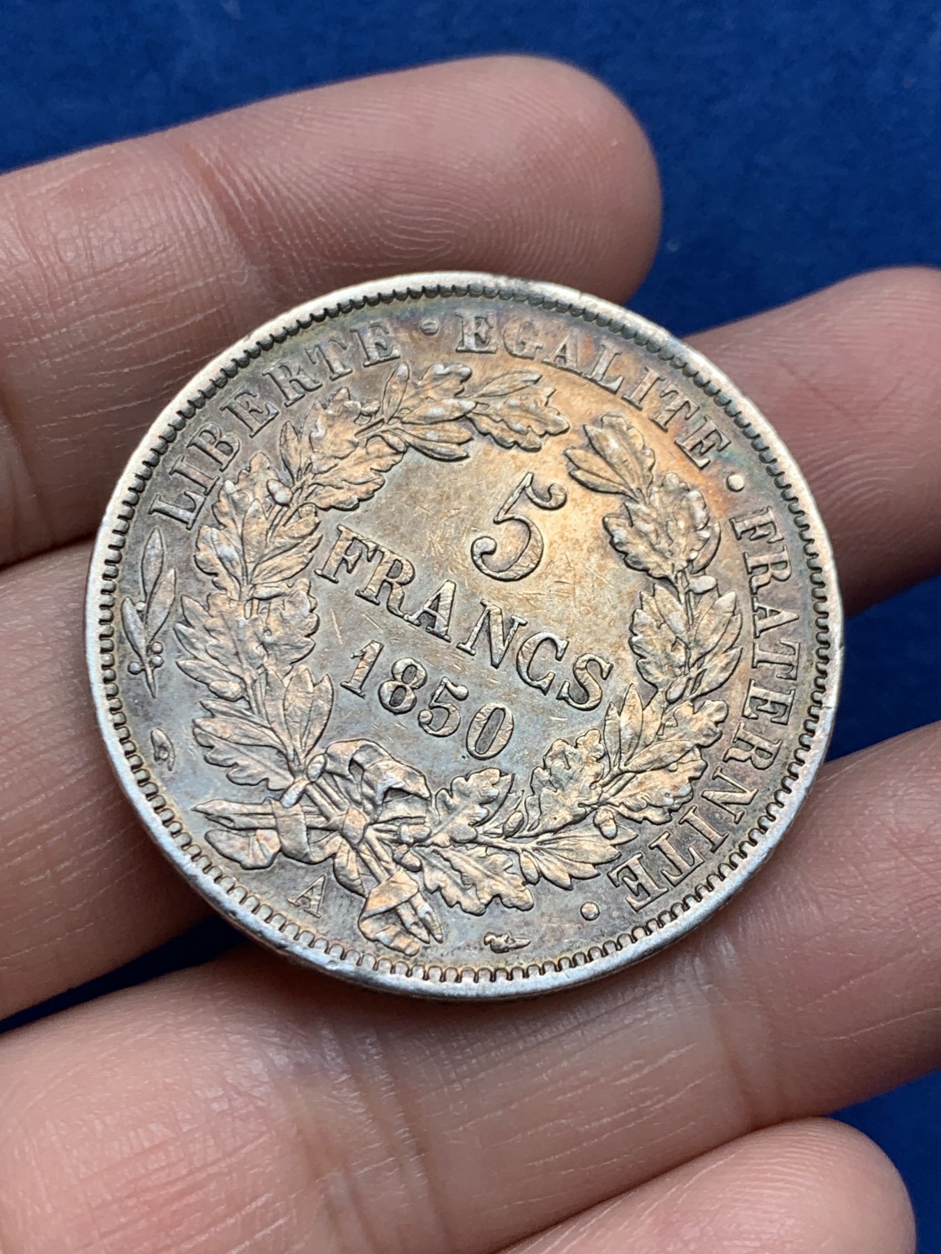 《竞宝斋》第259场-周日，周一 2场连拍 (全场包邮) 法国1850年谷物女神5法郎银币 深彩包浆 状态不错