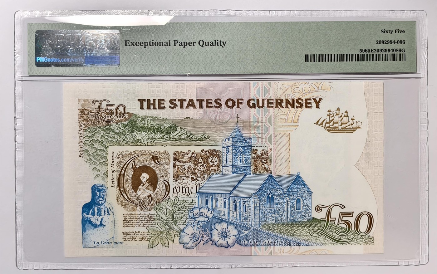 紫瑗钱币——第355期拍卖——纸币场 【首发A冠 PMG 65EPQ】格恩西 1994年 伊丽莎白二世 高冠 50磅 (P-59)