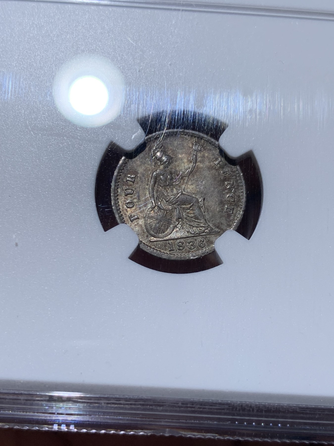 《竞宝斋》第259场-周日，周一 2场连拍 (全场包邮) NGC MS63 1836年英国威廉四世4便士银币 不列颠女神坐像版 主要用于英属圭亚那