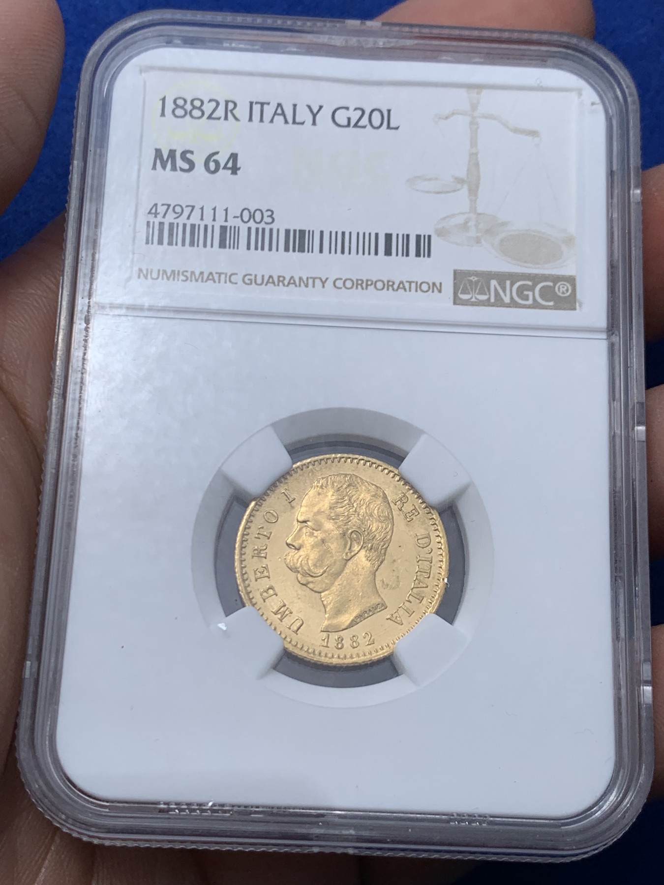 《竞宝斋》第259场-周日，周一 2场连拍 (全场包邮) NGC MS64  意大利 1882年翁贝托20里拉金币  PL镜面底板 6.45克