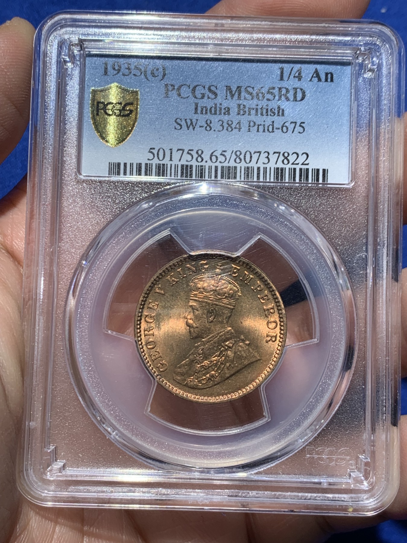 《竞宝斋》第259场-周日，周一 2场连拍 (全场包邮) PCGS MS65RD 英属印度1935年1/4安娜铜币，加尔各达厂，乔治五世印度皇帝版。此版RB多见，出RD的难度极高。炫目红铜光彩，难得近出厂状态！