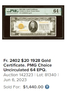 【Blue Auction】✨世界纸币精拍第460期【精】  【AA冠 升值品种】美国 1928年20美金 黄金券 杰克逊 PMG64EPQ 四角尖尖 状态非常好 值得收藏 
