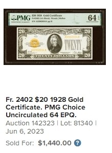 【Blue Auction】✨世界纸币精拍第460期【精】  【AA冠 升值品种】美国 1928年20美金 黄金券 杰克逊 PMG64EPQ 四角尖尖 状态非常好 值得收藏 