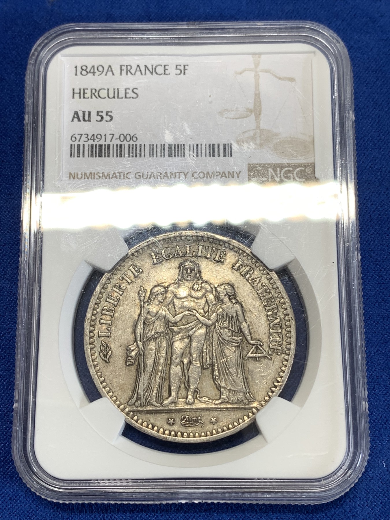 《竞宝斋》第259场-周日，周一 2场连拍 (全场包邮) NGC AU55 法国第二共和1849年大力神5法郎银币