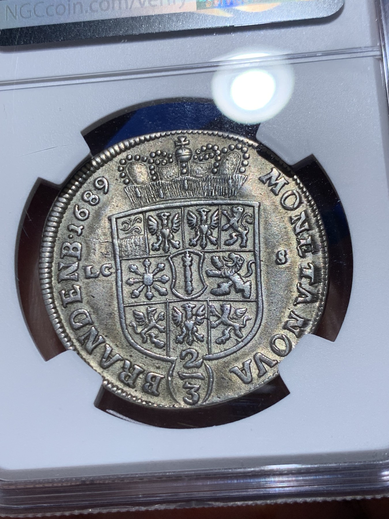 《竞宝斋》第259场-周日，周一 2场连拍 (全场包邮) NGC MS61 1689年 勃兰登堡选帝侯腓特烈三世 2/3泰勒银币