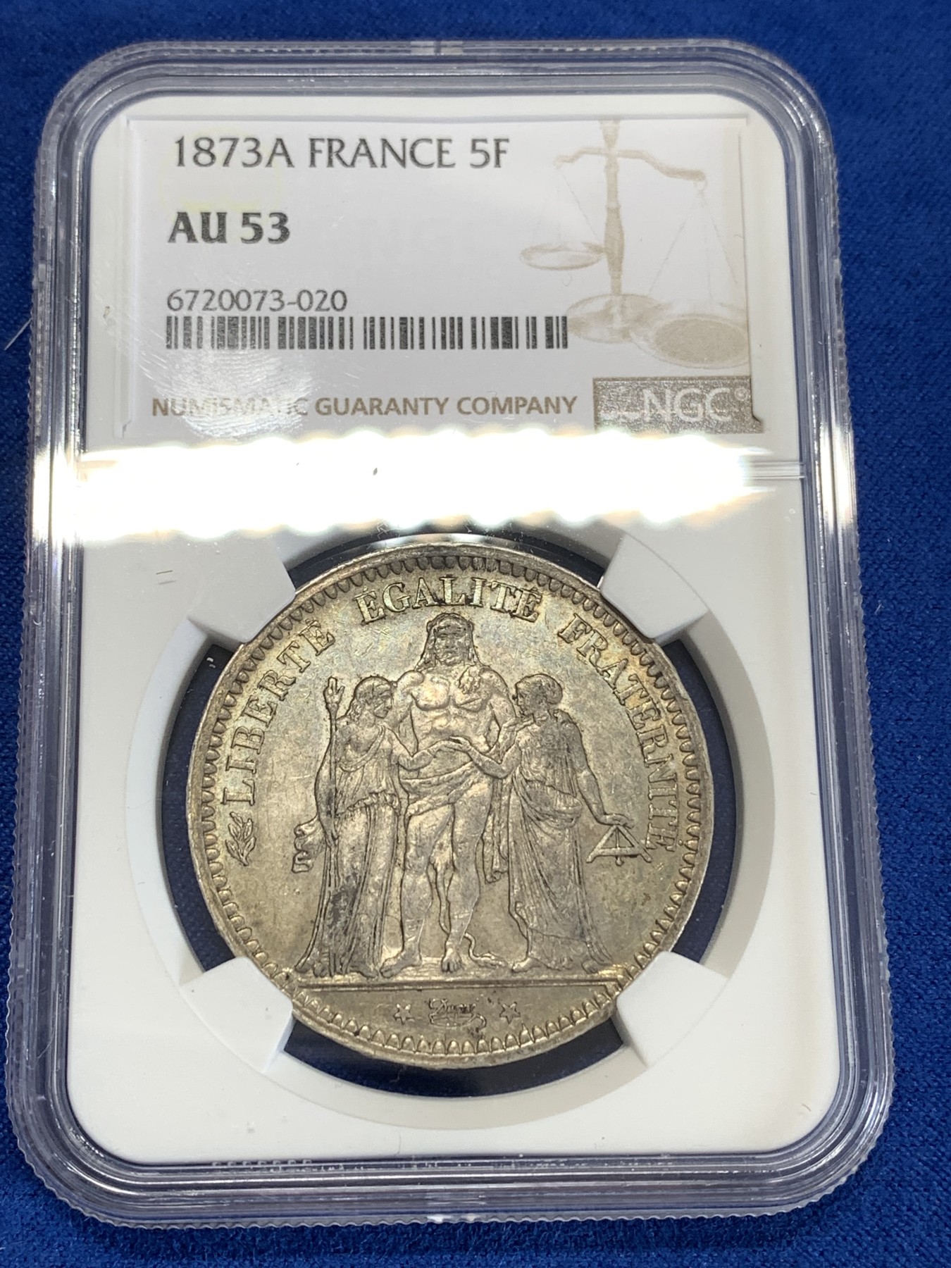《竞宝斋》第259场-周日，周一 2场连拍 (全场包邮) NGC AU53 法国1873年A版大力神5法郎银币