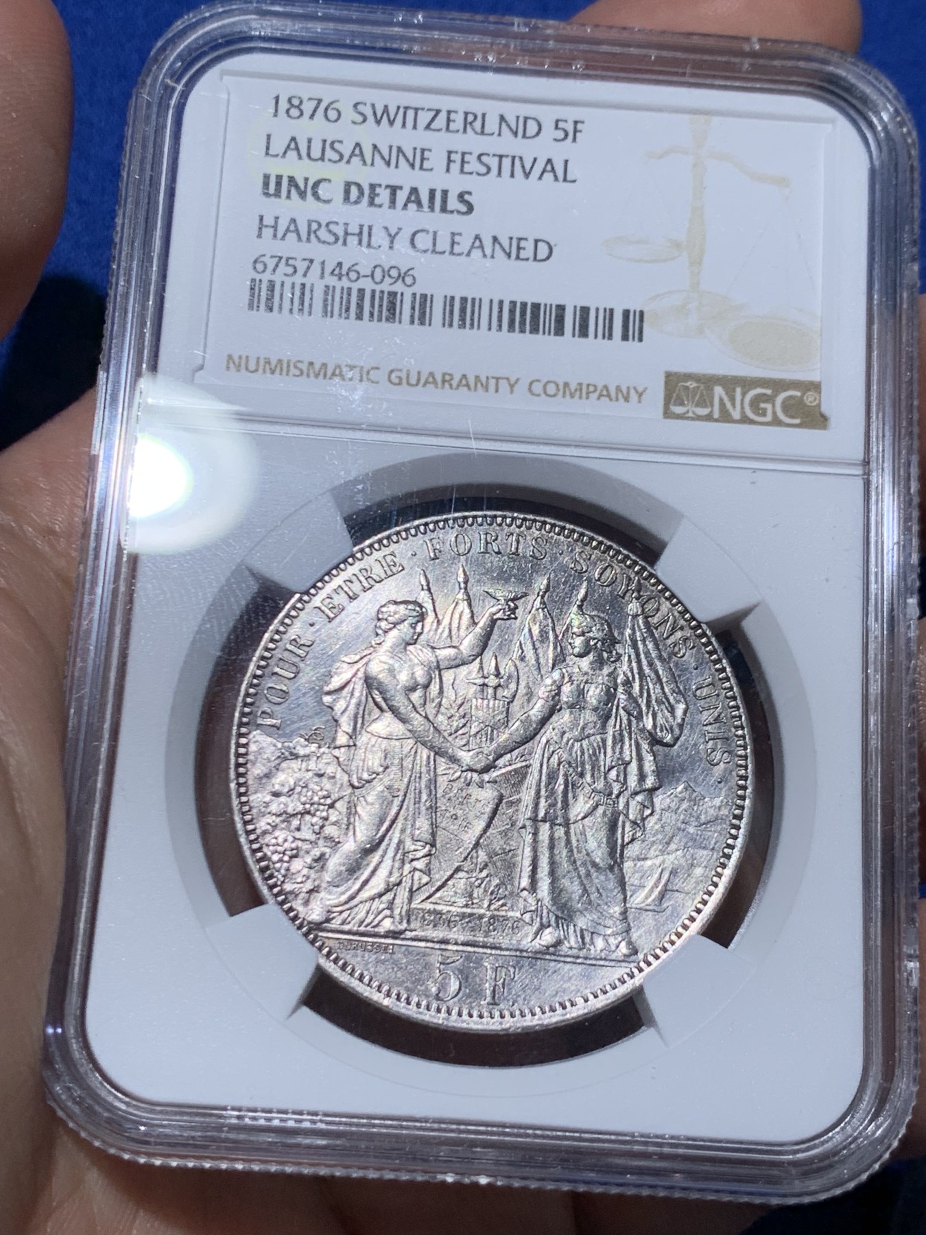 《竞宝斋》第259场-周日，周一 2场连拍 (全场包邮) NGC UNCD 瑞士1876年洛桑景观5法郎银币 底板白净 细节漂亮 发行仅二万枚