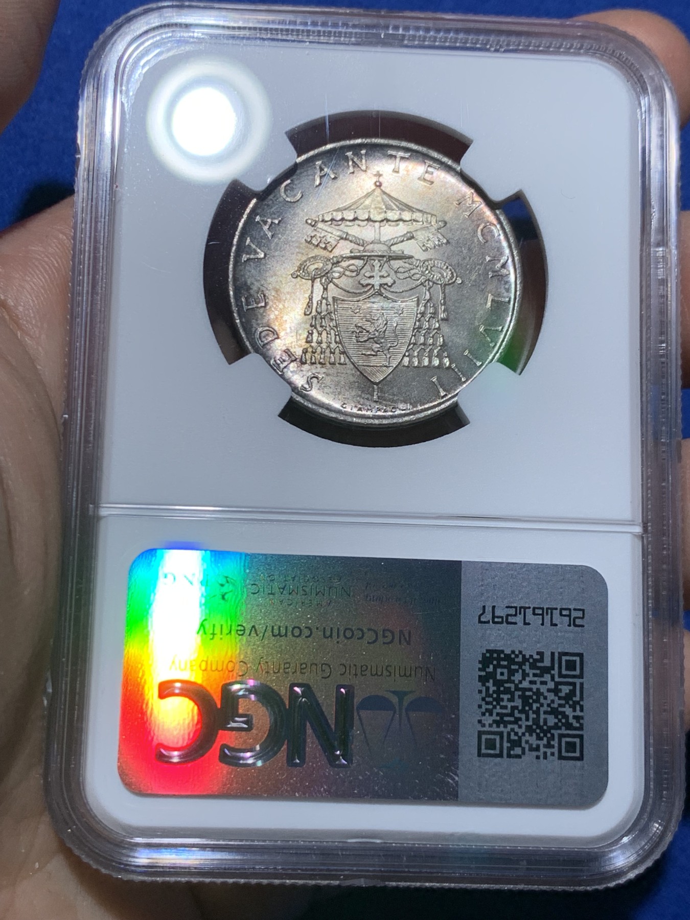 《竞宝斋》第259场-周日，周一 2场连拍 (全场包邮) NGC MS63 梵蒂冈1958年教皇缺位500里拉银币