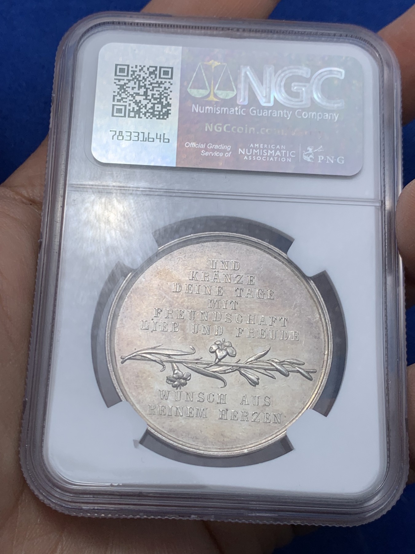 《竞宝斋》第259场-周日，周一 2场连拍 (全场包邮) NGC MS62 1800年德国新世纪美好祝愿银章 祝福友谊地久天长！名家Loos作品 PL底板 细节丰富