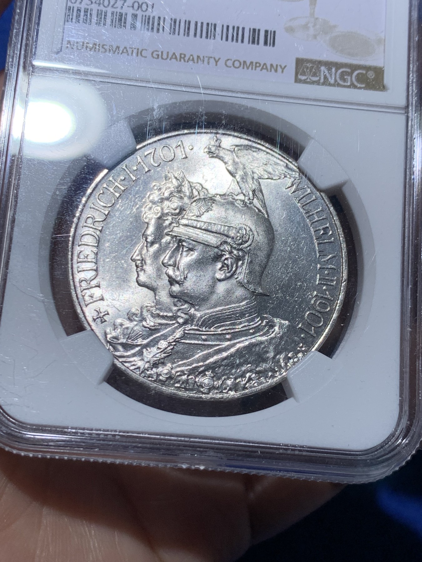 《竞宝斋》第259场-周日，周一 2场连拍 (全场包邮) NGC MS62 德国1901年普鲁士建国200周年5马克纪念银币 转光犀利 状态极佳