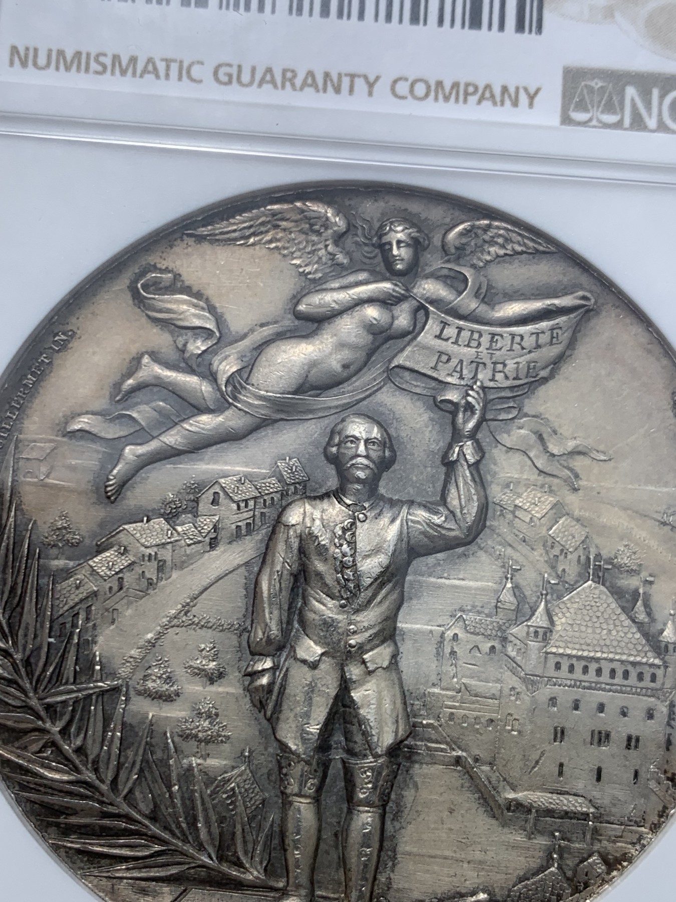 《竞宝斋》第259场-周日，周一 2场连拍 (全场包邮) NGC MS62 1894年瑞士洛桑射击节飞天女神双头鹰大银章 磨砂精铸 稀少品种 设计精美大气 非常吸引人