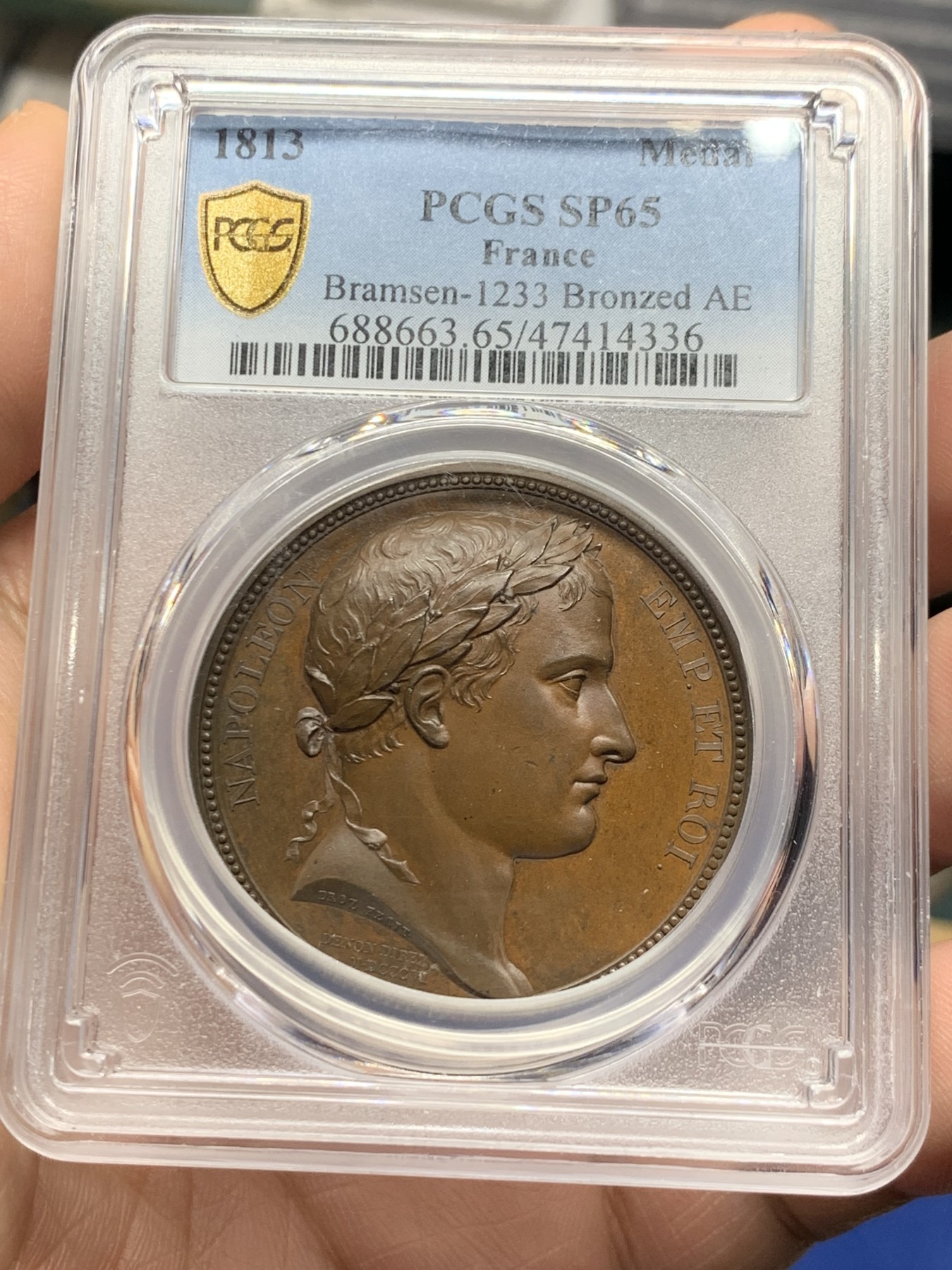 《竞宝斋》第259场-周日，周一 2场连拍 (全场包邮) PCGS SP65 唯一冠军分 法国1813年拿破仑原铸铜章 背面塞尼峰  崇山峻岭 山顶胜利碑 法意交界阿尔卑斯地区 纪念北意大利战役