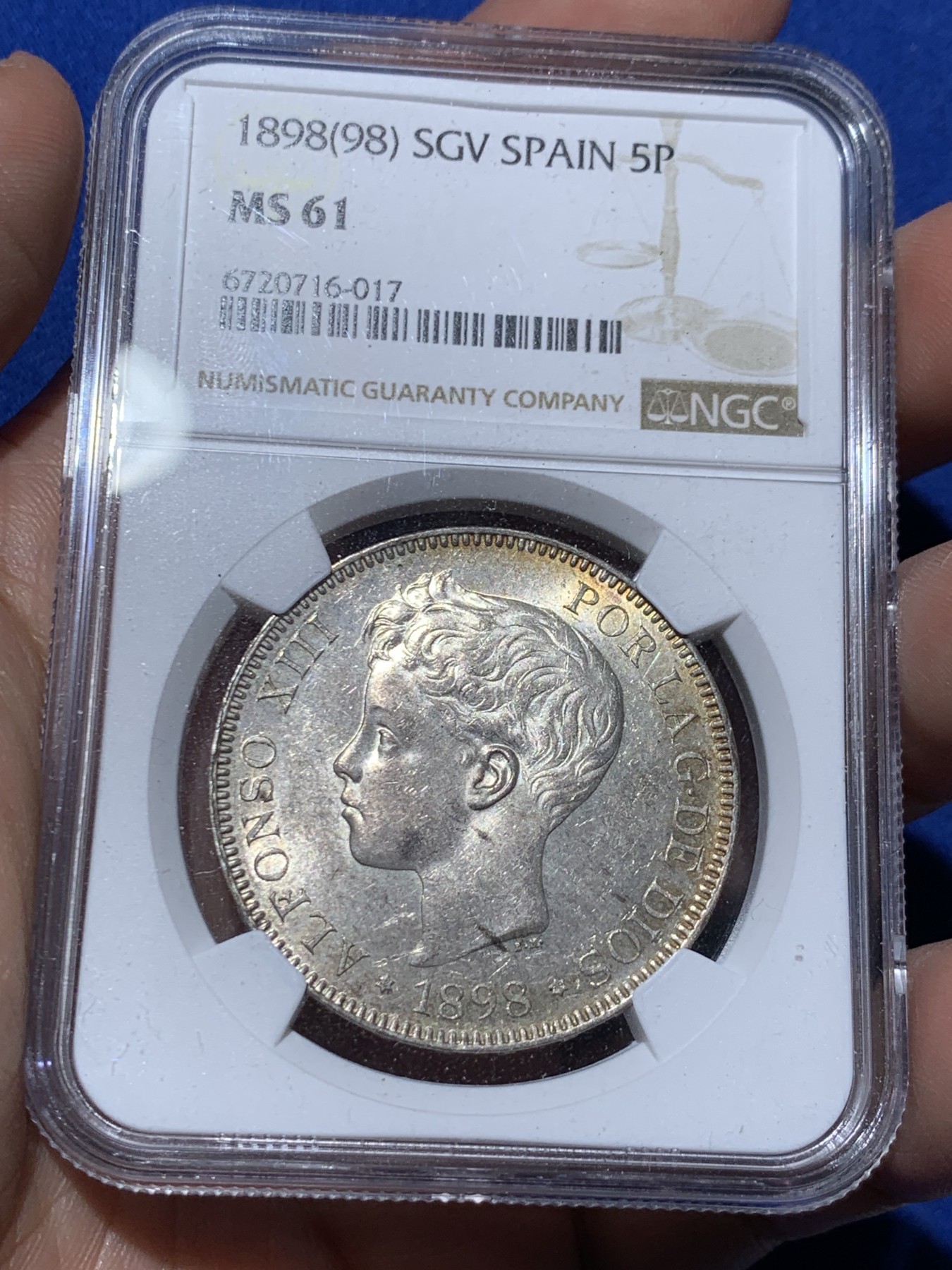 《竞宝斋》第259场-周日，周一 2场连拍 (全场包邮) NGC MS61 西班牙 1898年阿方索十三世小孩头双柱5比塞塔银币