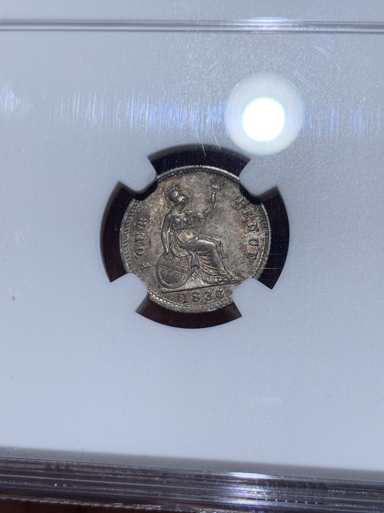 《竞宝斋》第259场-周日，周一 2场连拍 (全场包邮) NGC MS63 1836年英国威廉四世4便士银币 不列颠女神坐像版 主要用于英属圭亚那