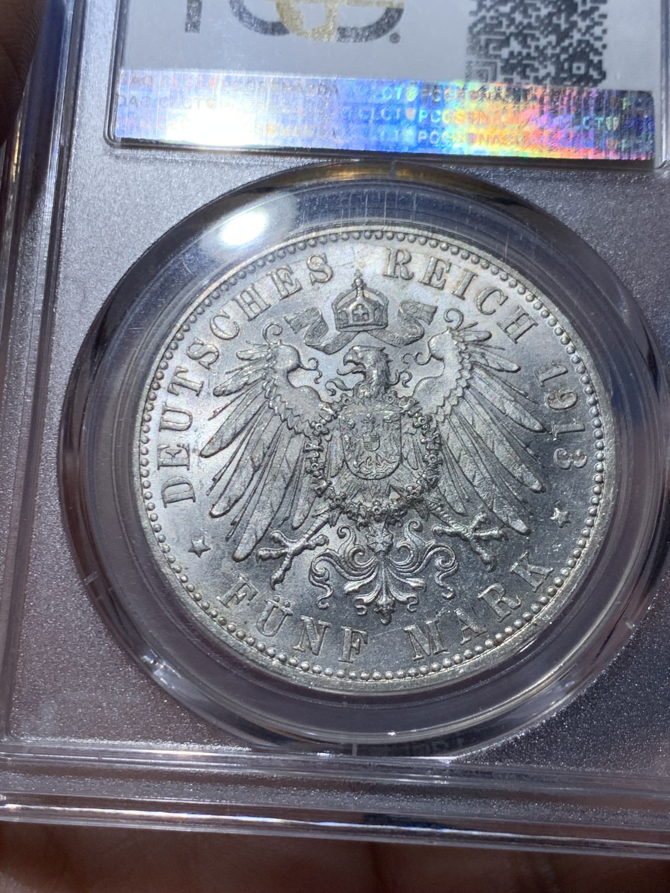 《竞宝斋》第259场-周日，周一 2场连拍 (全场包邮) PCGS MS63 德国符腾堡1913年威廉二世5马克银币，底板转光 暴光BU品相