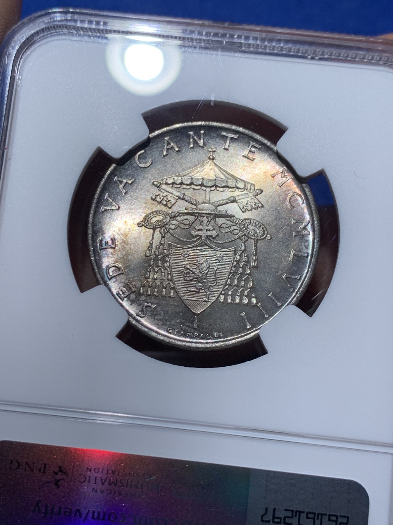 《竞宝斋》第259场-周日，周一 2场连拍 (全场包邮) NGC MS63 梵蒂冈1958年教皇缺位500里拉银币