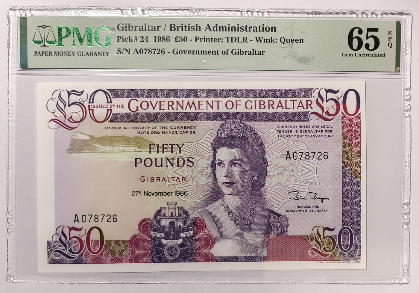 紫瑗钱币——第339期拍卖——纸币场 【首发A冠 PMG 65EPQ】 直布罗陀 1986年 伊丽莎白二世 高冠 50镑 (P-24)