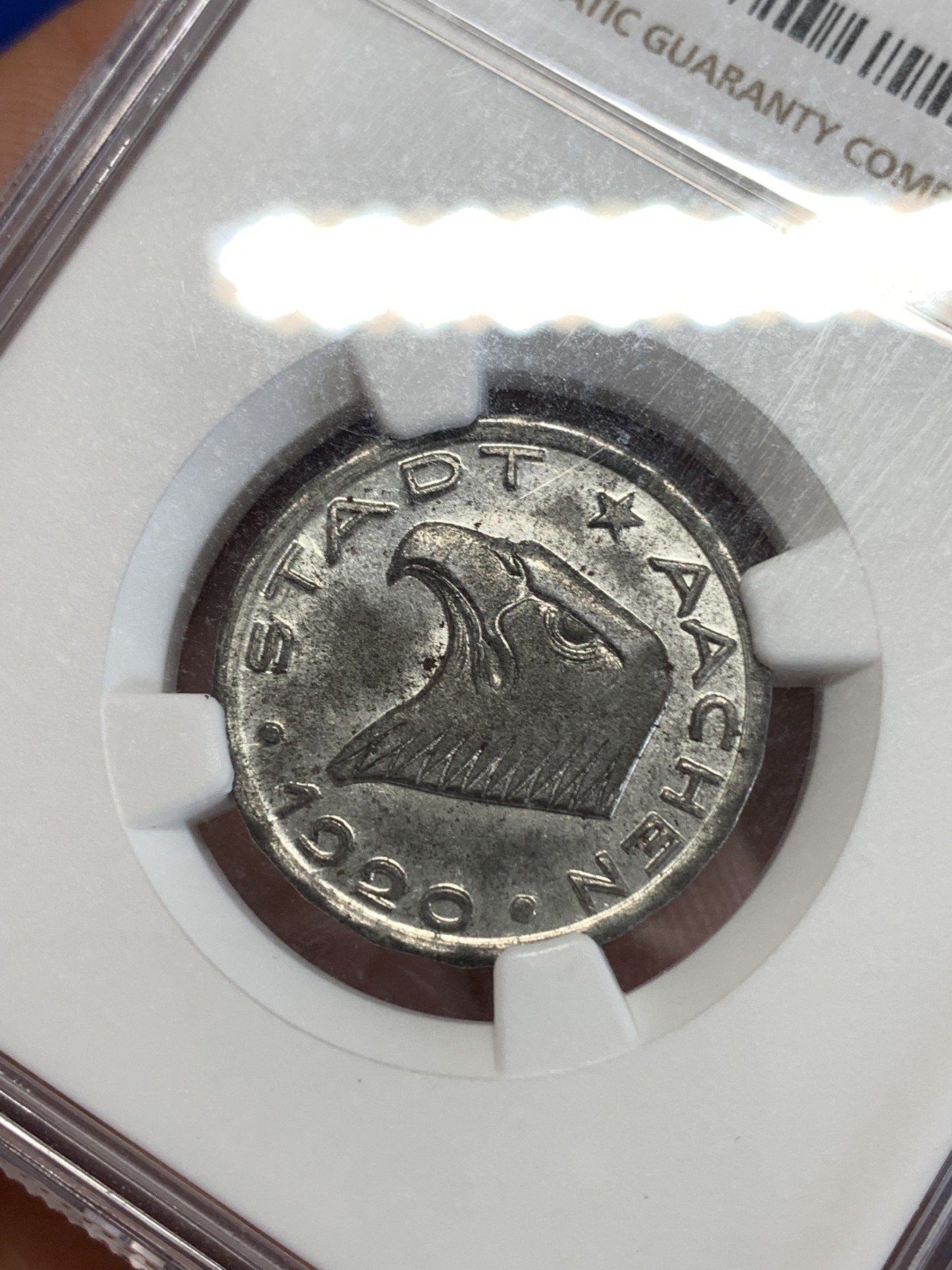 《竞宝斋》第259场-周日，周一 2场连拍 (全场包邮) NGC MS62 1920德国亚琛50芬妮鹰头铁币 热门品种