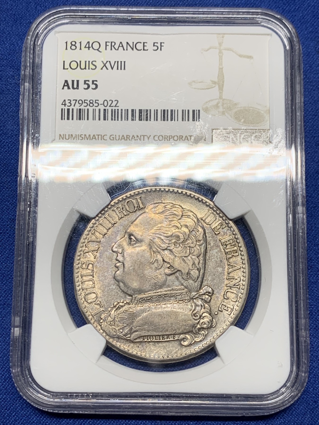 《竞宝斋》第259场-周日，周一 2场连拍 (全场包邮) NGC AU55 法国1814Q路易十八戎装版5法郎大银，稀见Q厂关门年份，铸造量仅36万枚，远少于同年A、I、L各厂。更高分仅4枚，AU以上错过难觅