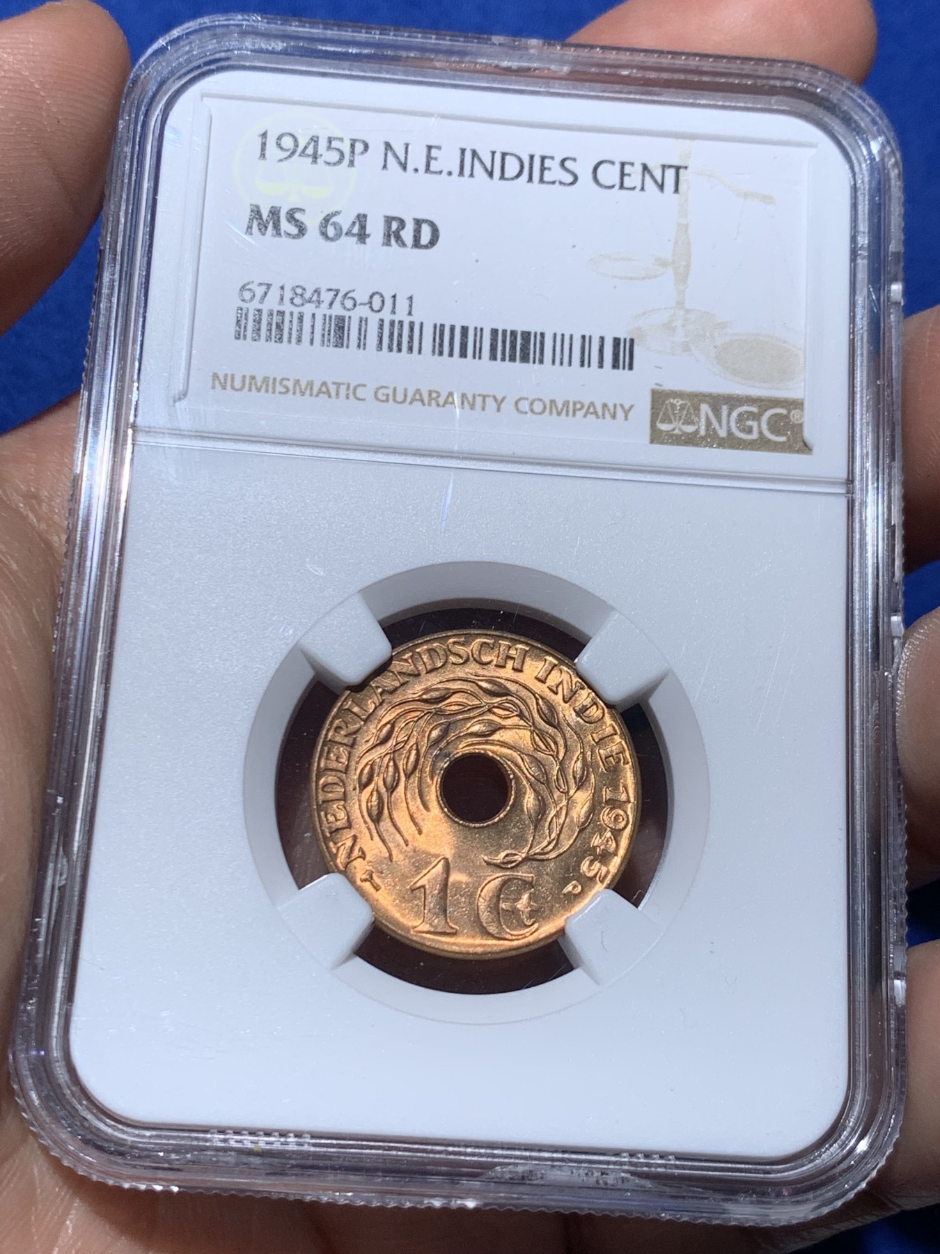 《竞宝斋》第259场-周日，周一 2场连拍 (全场包邮) NGC MS64RD 1945荷属东印度1分铜币 RD难得