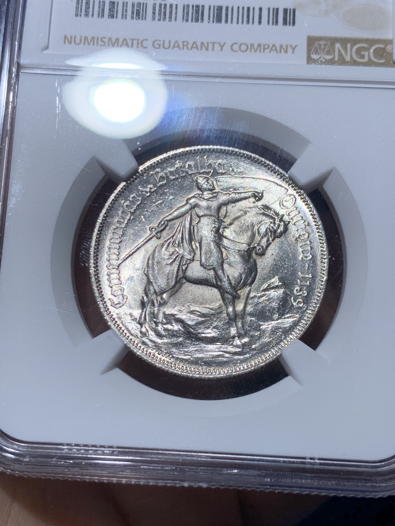 《竞宝斋》第259场-周日，周一 2场连拍 (全场包邮) NGC MS64 葡萄牙1928年奥里基战役10埃斯库多纪念银币，打制精美，状态极佳。