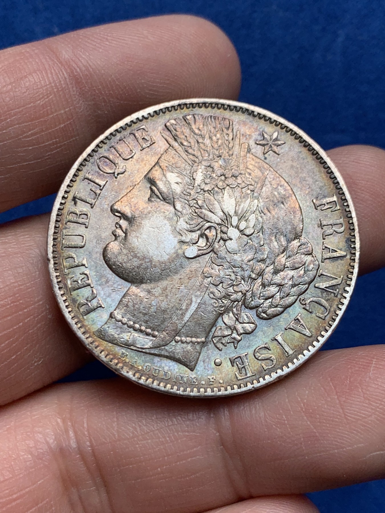 《竞宝斋》第259场-周日，周一 2场连拍 (全场包邮) 法国1850年谷物女神5法郎银币 深彩包浆 状态不错